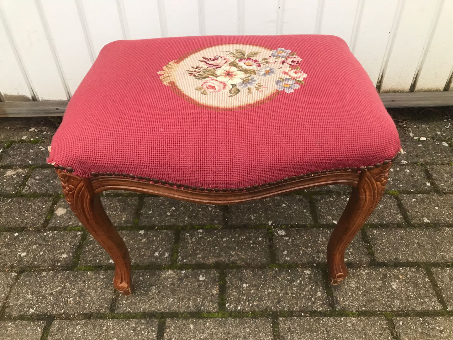 Vintage Belgian Red Needle Point Foot Stool