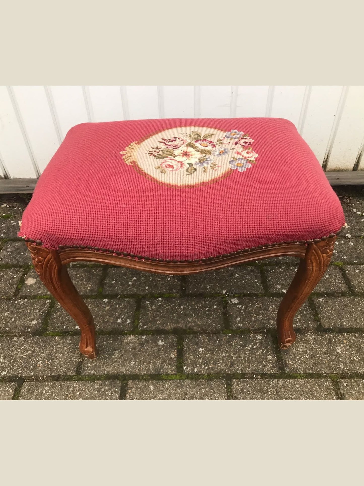 Vintage Belgian Red Needle Point Foot Stool #629