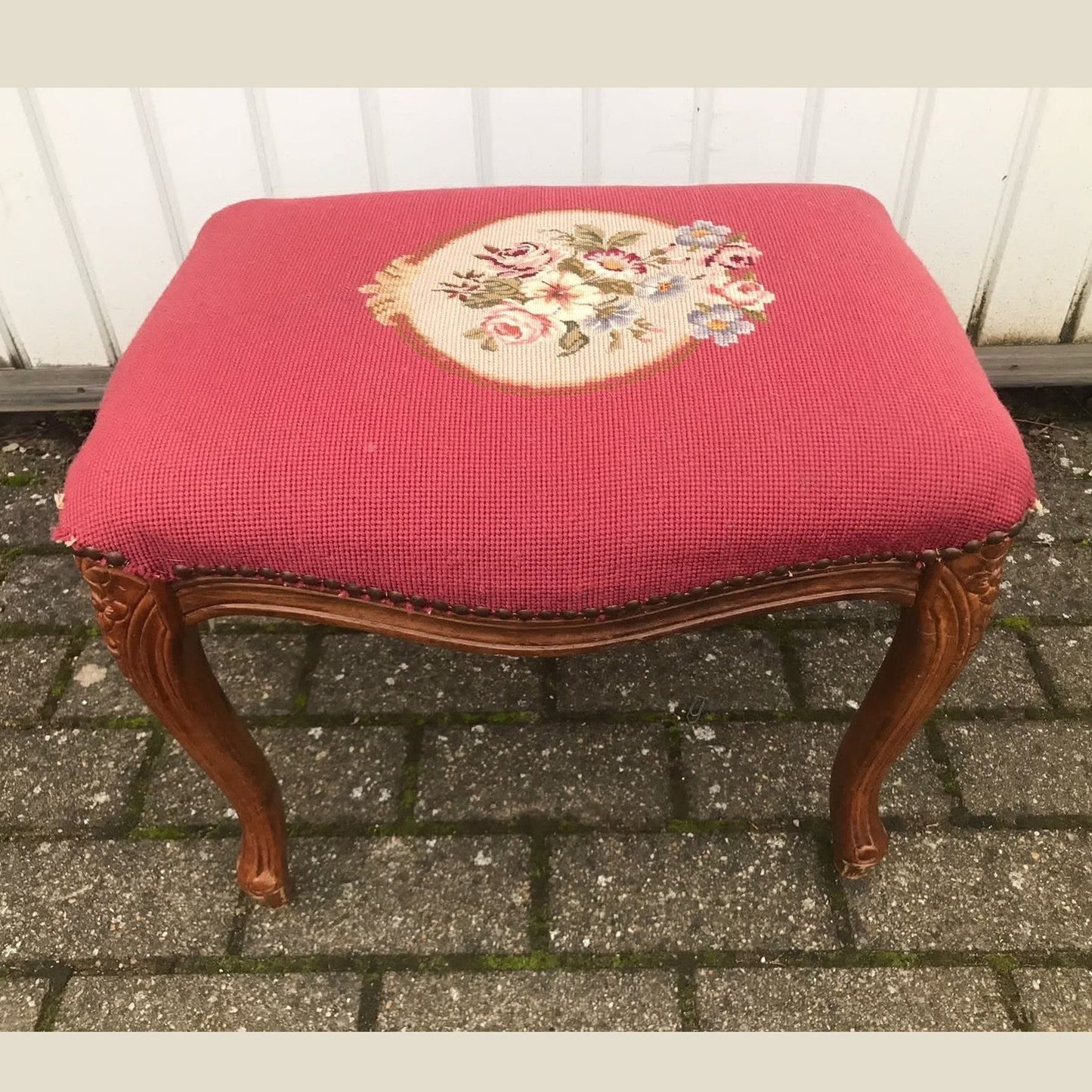 Vintage Belgian Red Needle Point Foot Stool #629