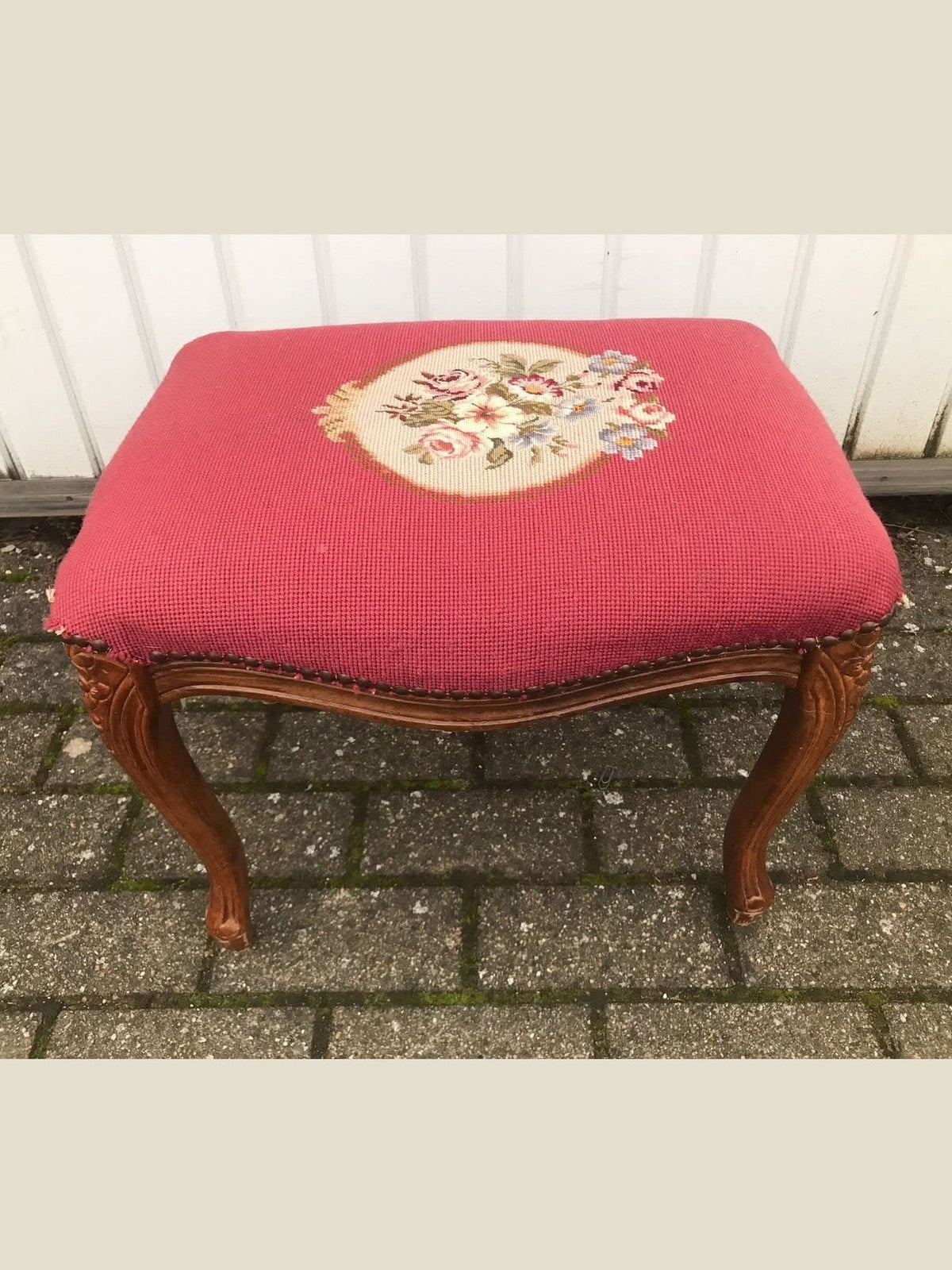 Vintage Belgian Red Needle Point Foot Stool #629