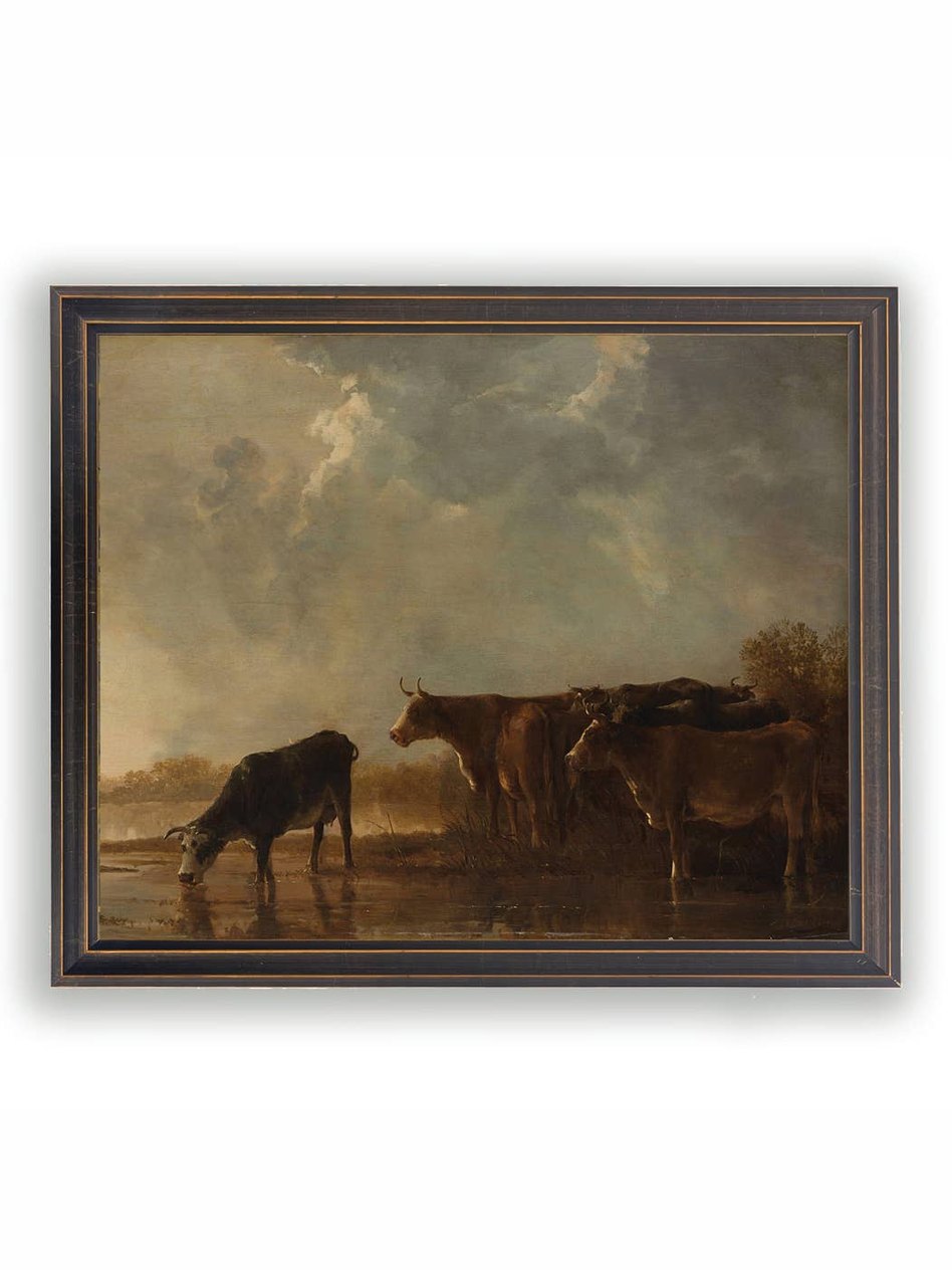Vintage-Inspired Framed Pastoral Cattle Print