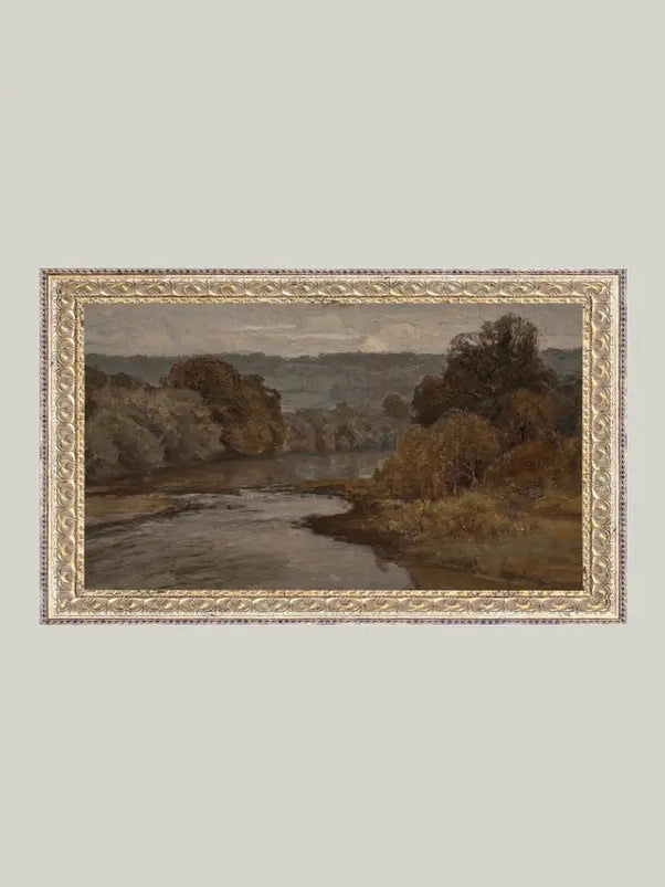 Autumn River Framed Antique Art 12x7