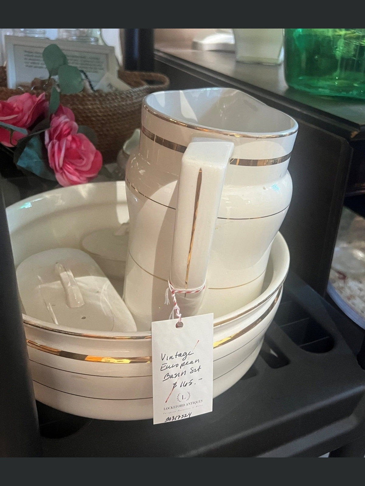 Antique European Porcelain Washstand Set with Silver Banding