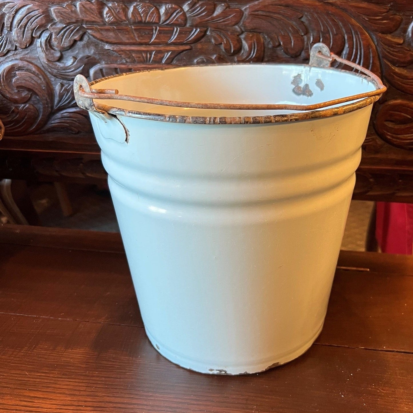Vintage Hungarian White Enamel Garden Bucket
