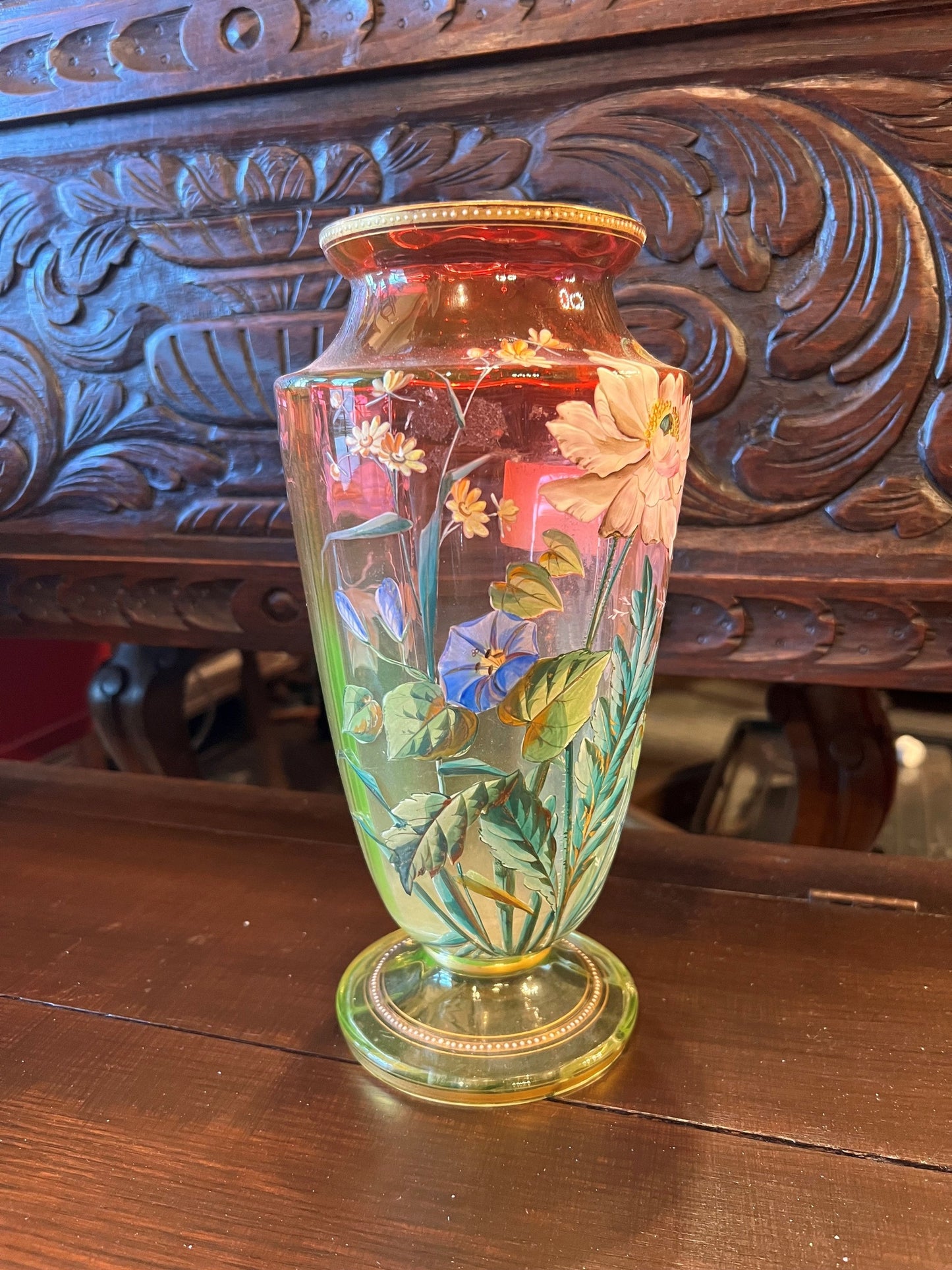 Vintage European Pink Glass Vase, Flowers #376