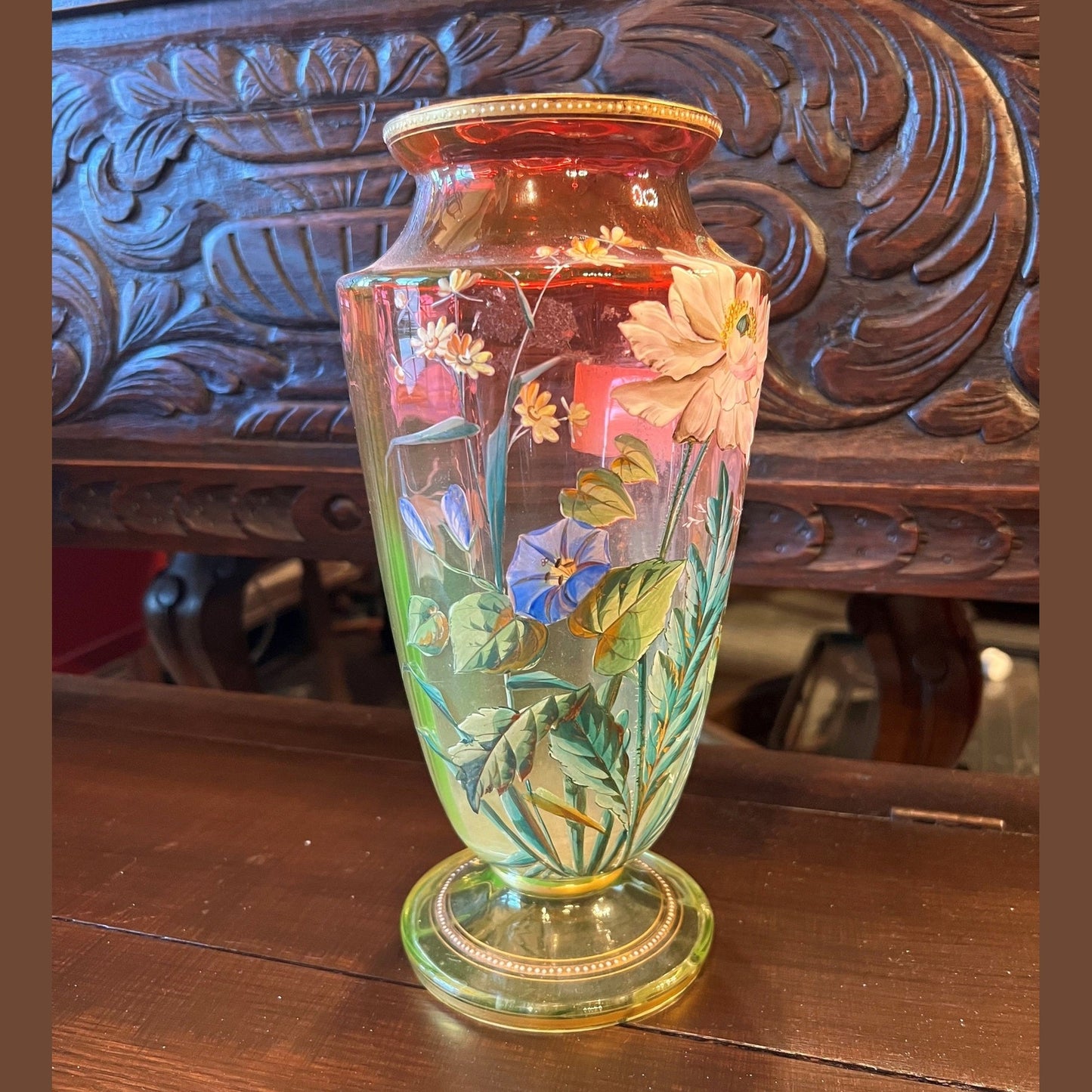 Vintage European Pink Glass Vase, Flowers #376