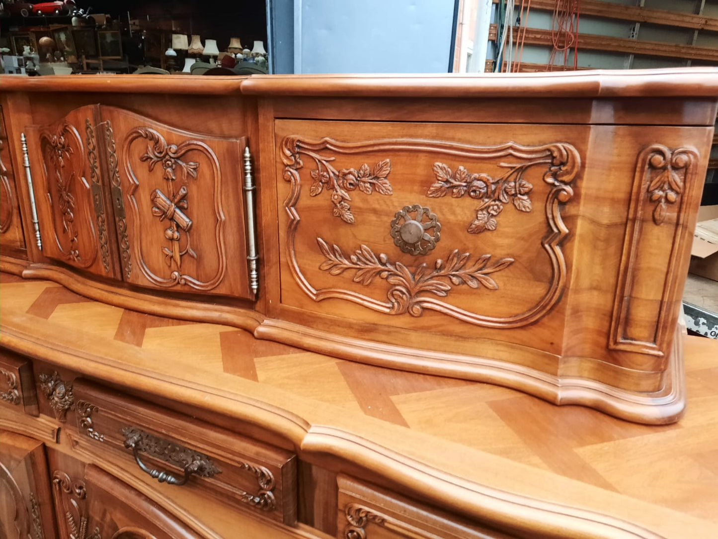 Antique French Light Walnut Parquet Buffet with Raised Cabinet – Louis XV Style