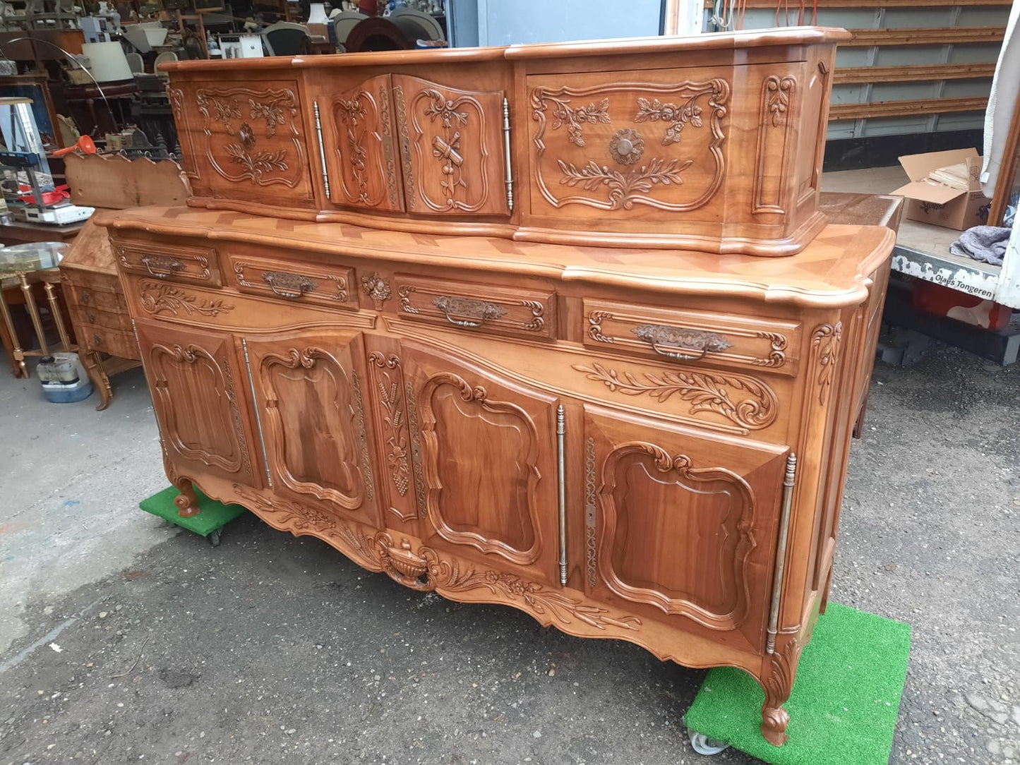 Antique French Light Walnut Parquet Buffet with Raised Cabinet – Louis XV Style