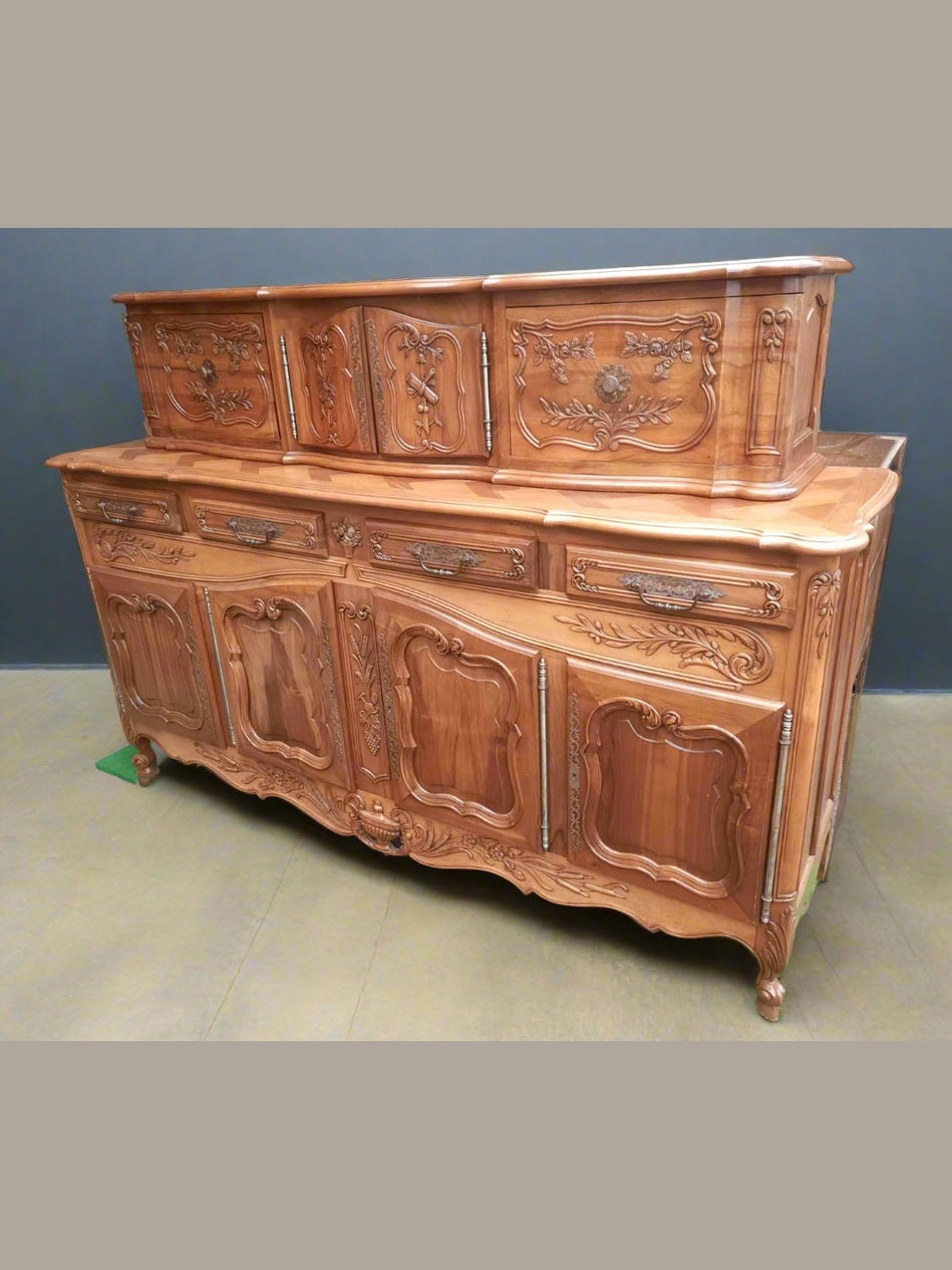 Antique French Light Walnut Parquet Buffet with Raised Cabinet – Louis XV Style
