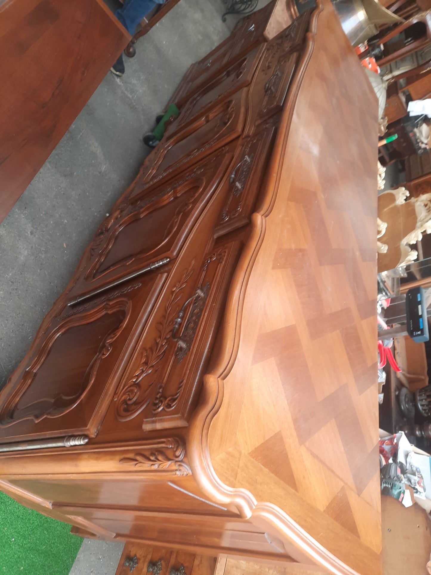Antique French Light Walnut Parquet Buffet with Raised Cabinet – Louis XV Style