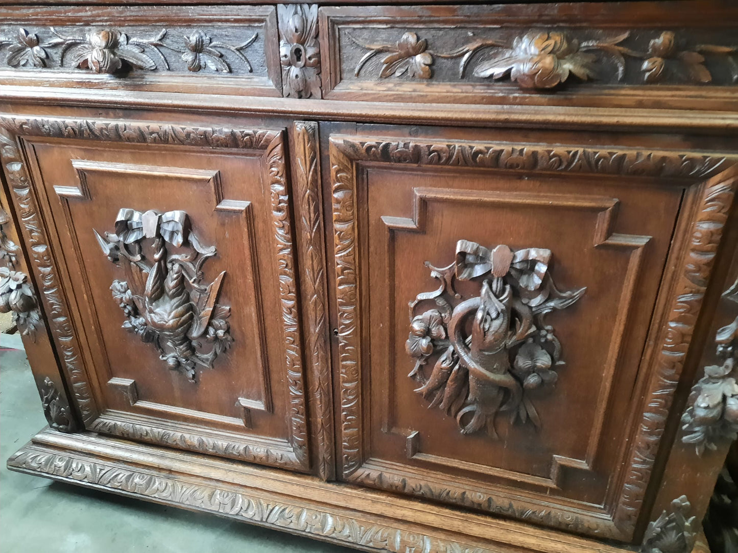 Antique French Normandy Dark Oak Hunter’s Cabinet Hutch, 19th Century
