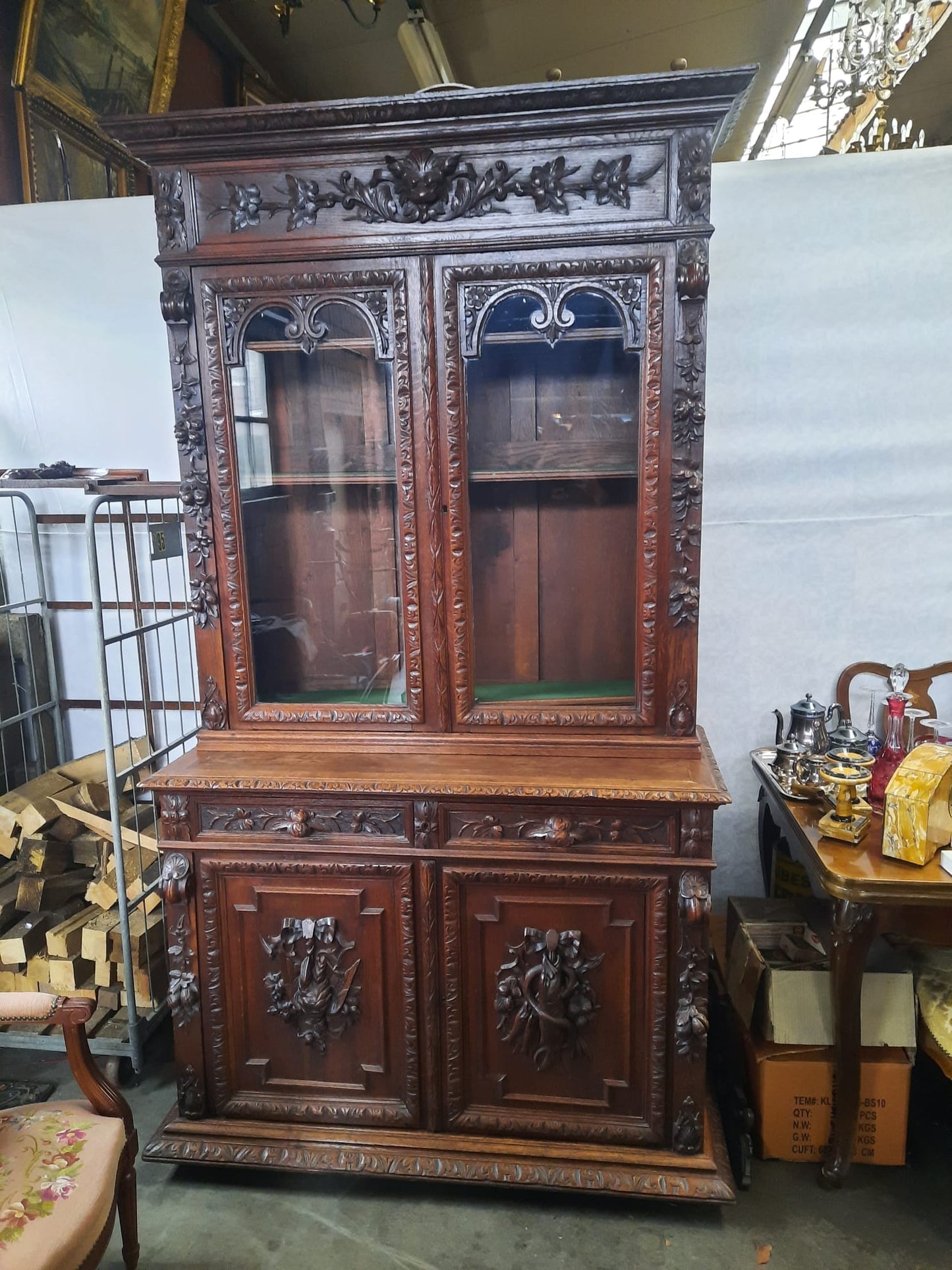 Antique French Normandy Dark Oak Hunter’s Cabinet Hutch, 19th Century