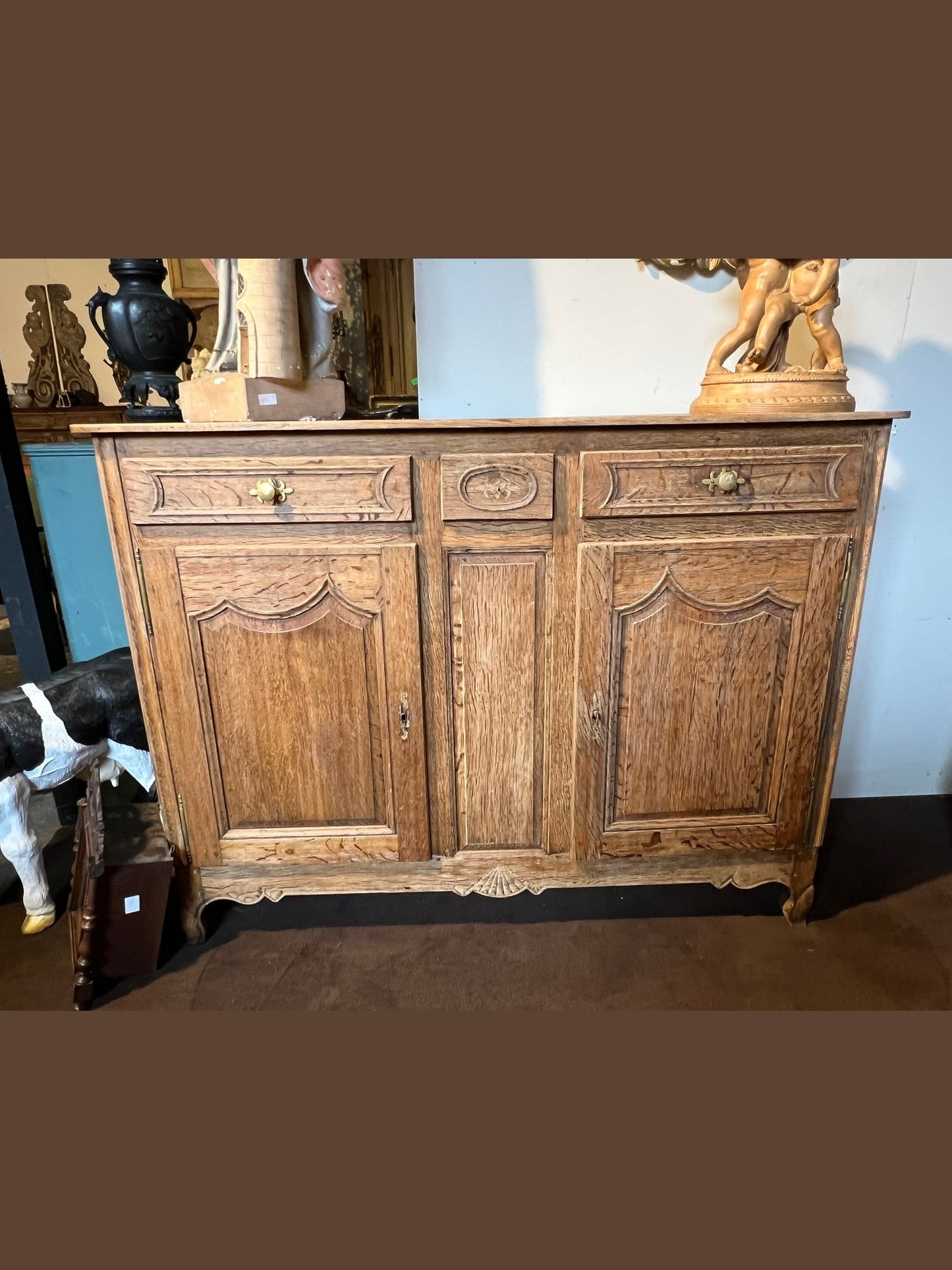 Antique French Bleached Oak Buffet with Carved Panels, 19th Century