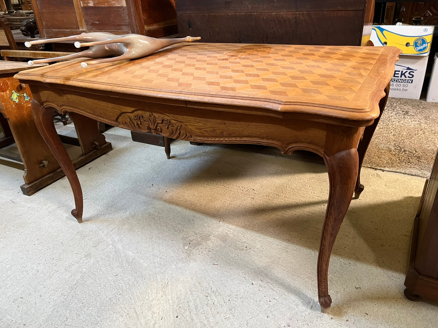 Vintage Belgian Oak Parquet Dining Table with Hidden Extension Leaves