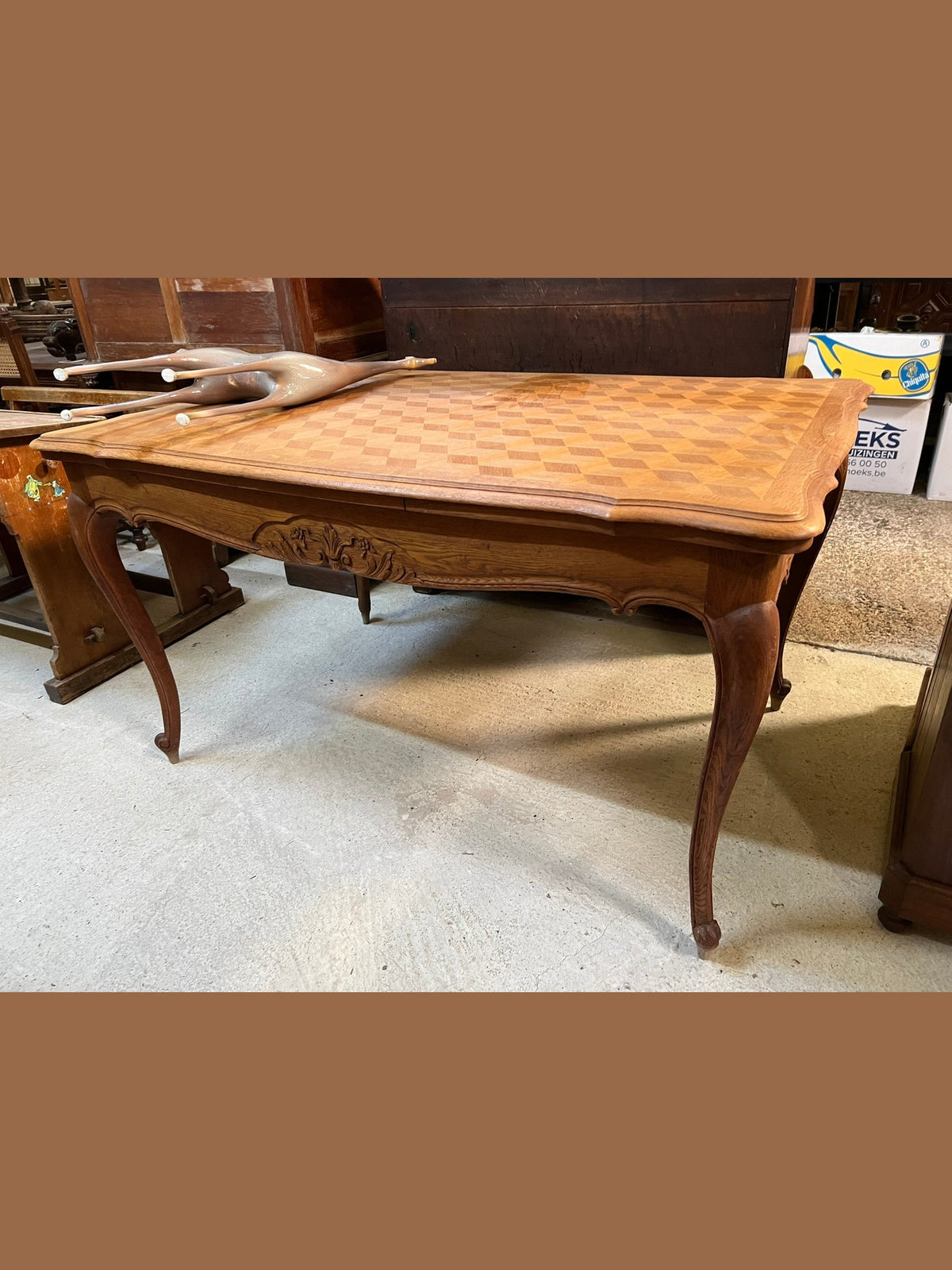 Vintage Belgian Oak Parquet Dining Table with Pullout Leaves