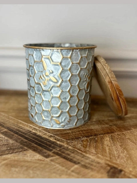 Tin Storage Bee Motif Wood Top - Large