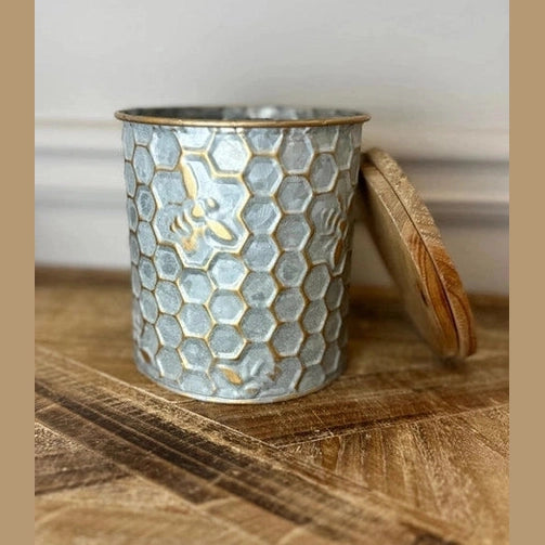 Tin Storage Bee Motif Wood Top - Large