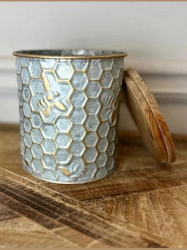 Tin Storage Bee Motif Wood Top - Large