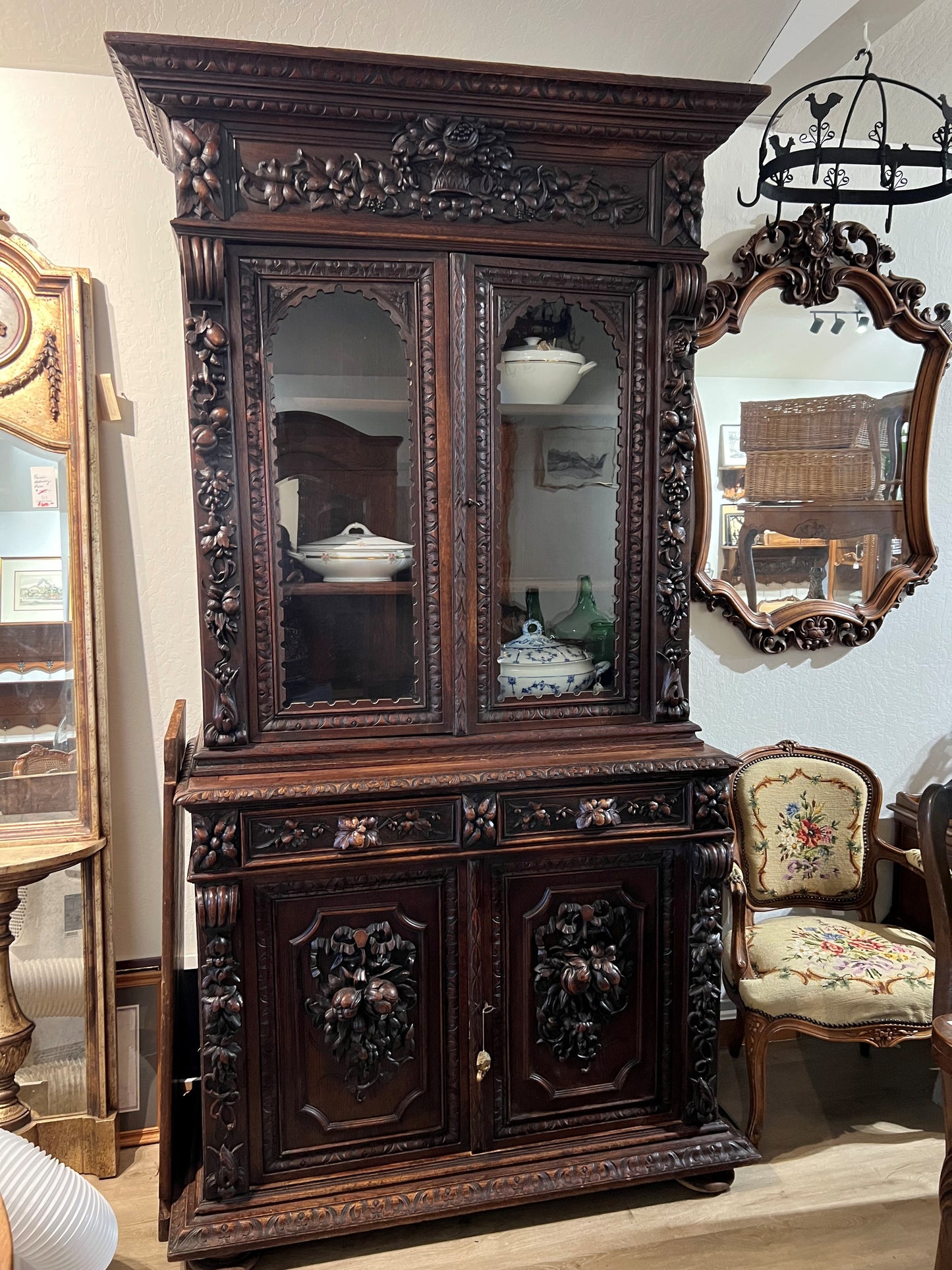 French Normandy Hand Carved Oak Hutch