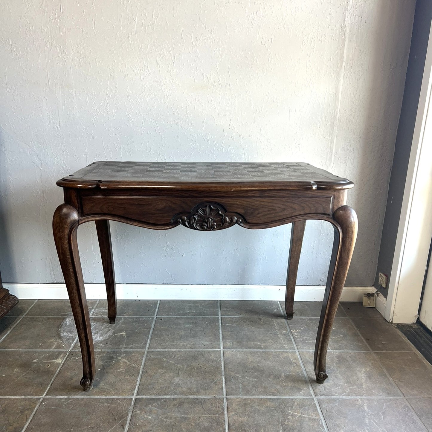 Vintage French Oak Parquet Side Table with Carved Details