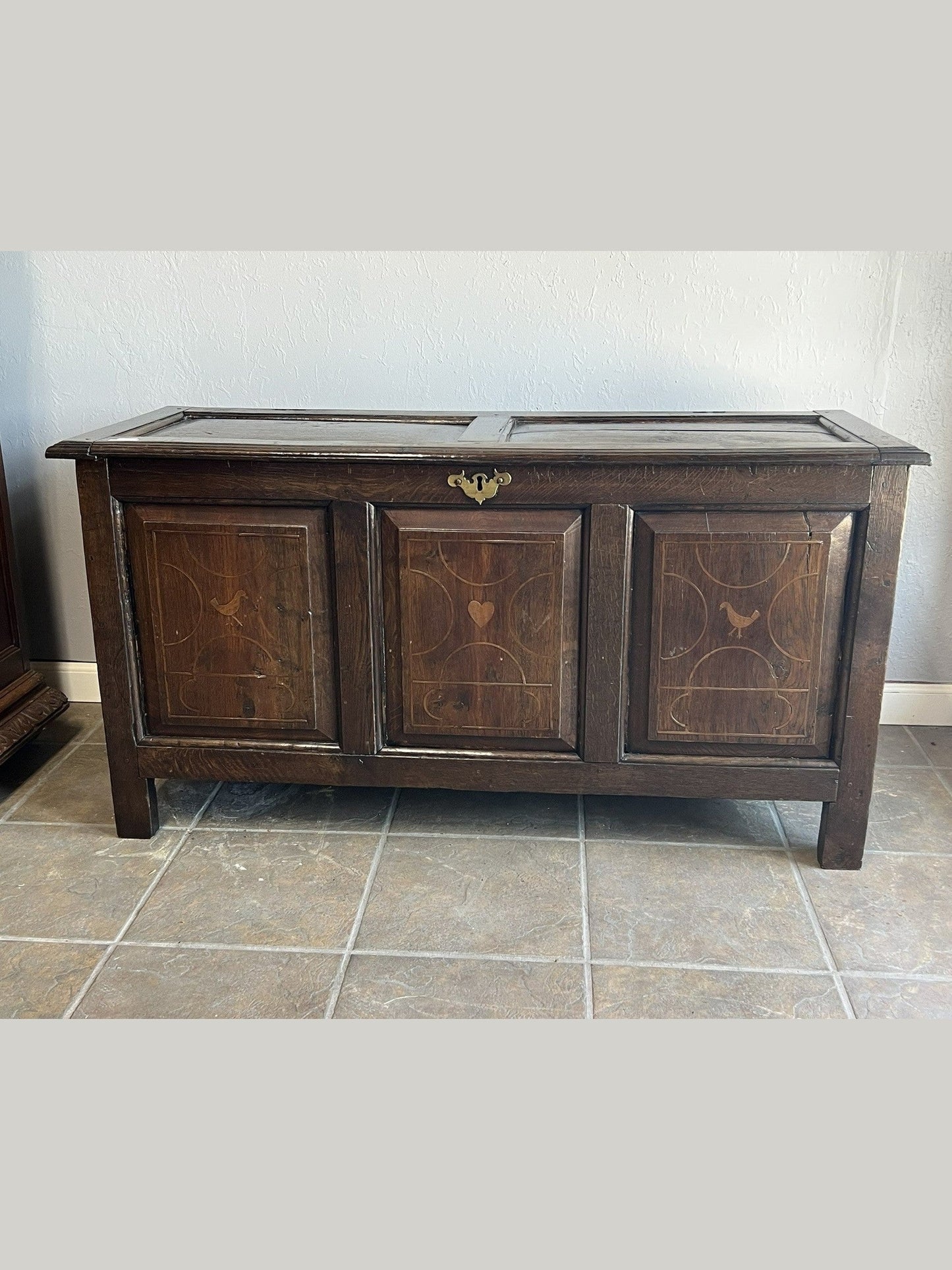 French Oak Inlaid Blanket Trunk with Heart & Dove Motifs