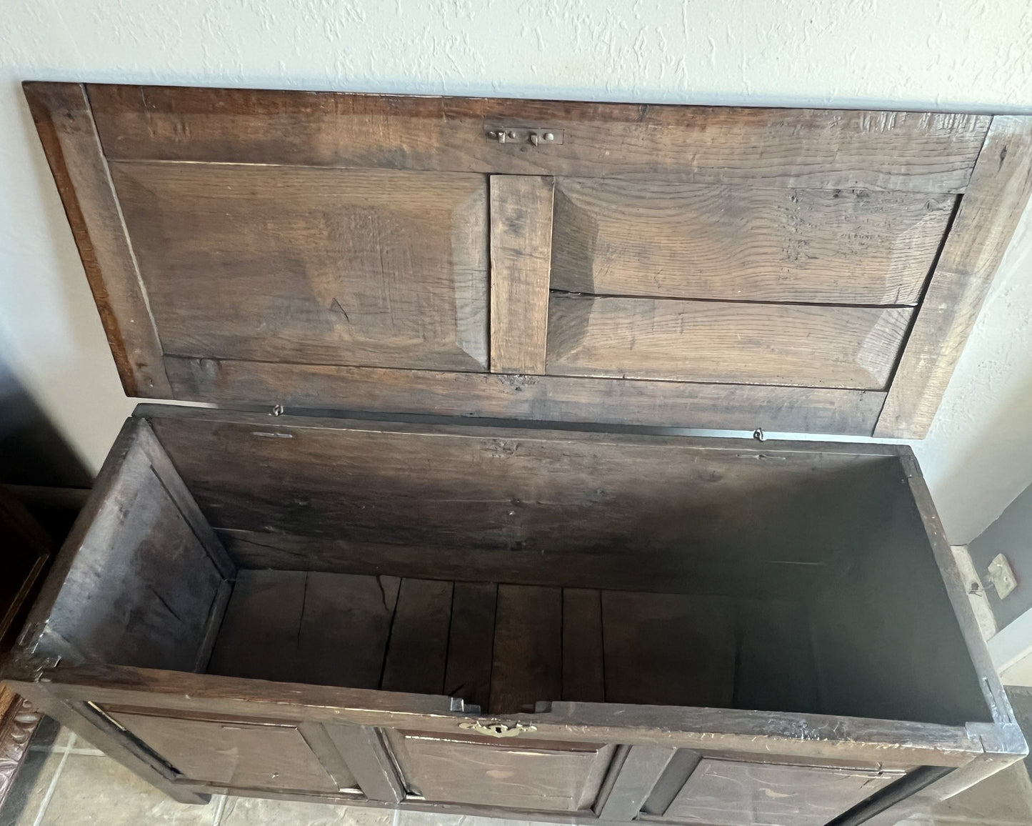 Antique French Oak Inlaid Blanket Trunk with Heart & Dove Motifs