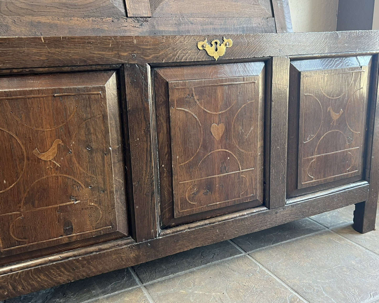 Antique French Oak Inlaid Blanket Trunk with Heart & Dove Motifs