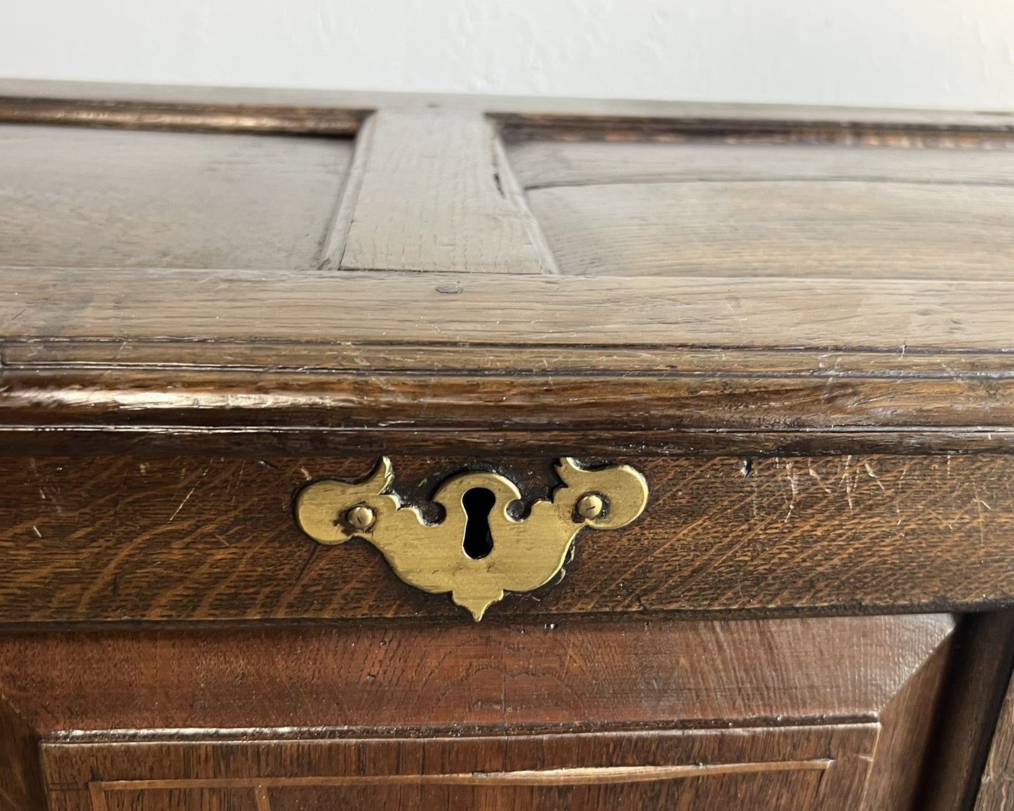 French Oak Inlaid Blanket Trunk with Heart & Dove Motifs