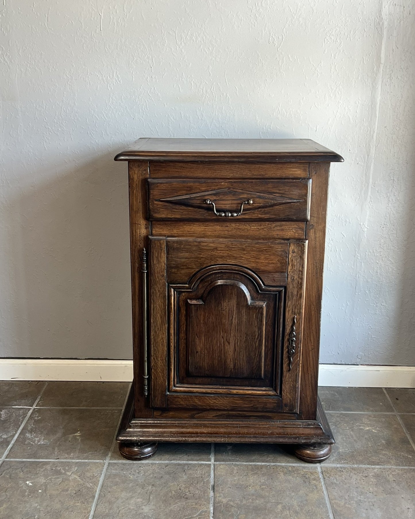 Vintage French Dark Oak Nightstand – Provence Style Bedside Table