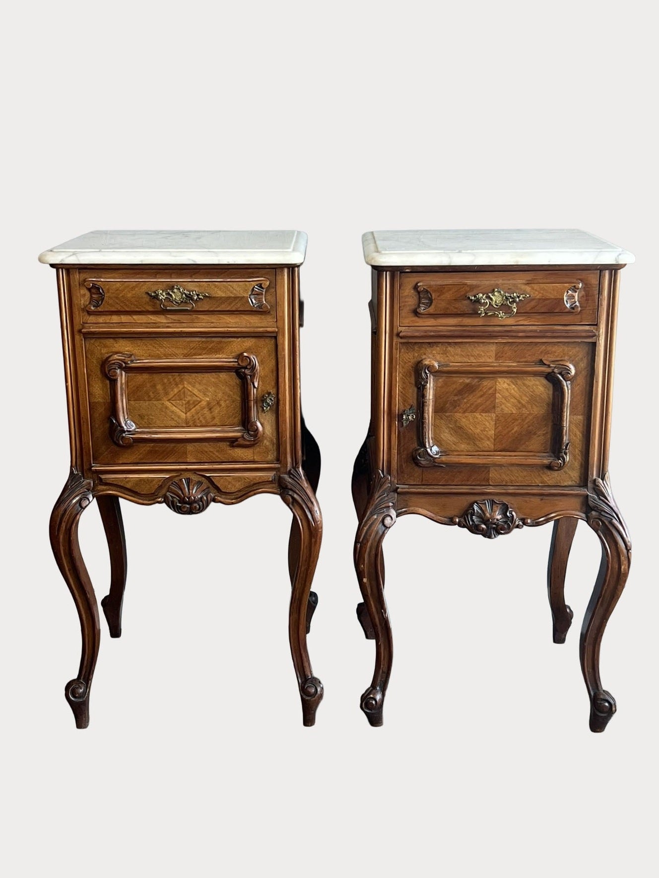 Pair of Antique French Louis XV Walnut Nightstands with White Marble Tops