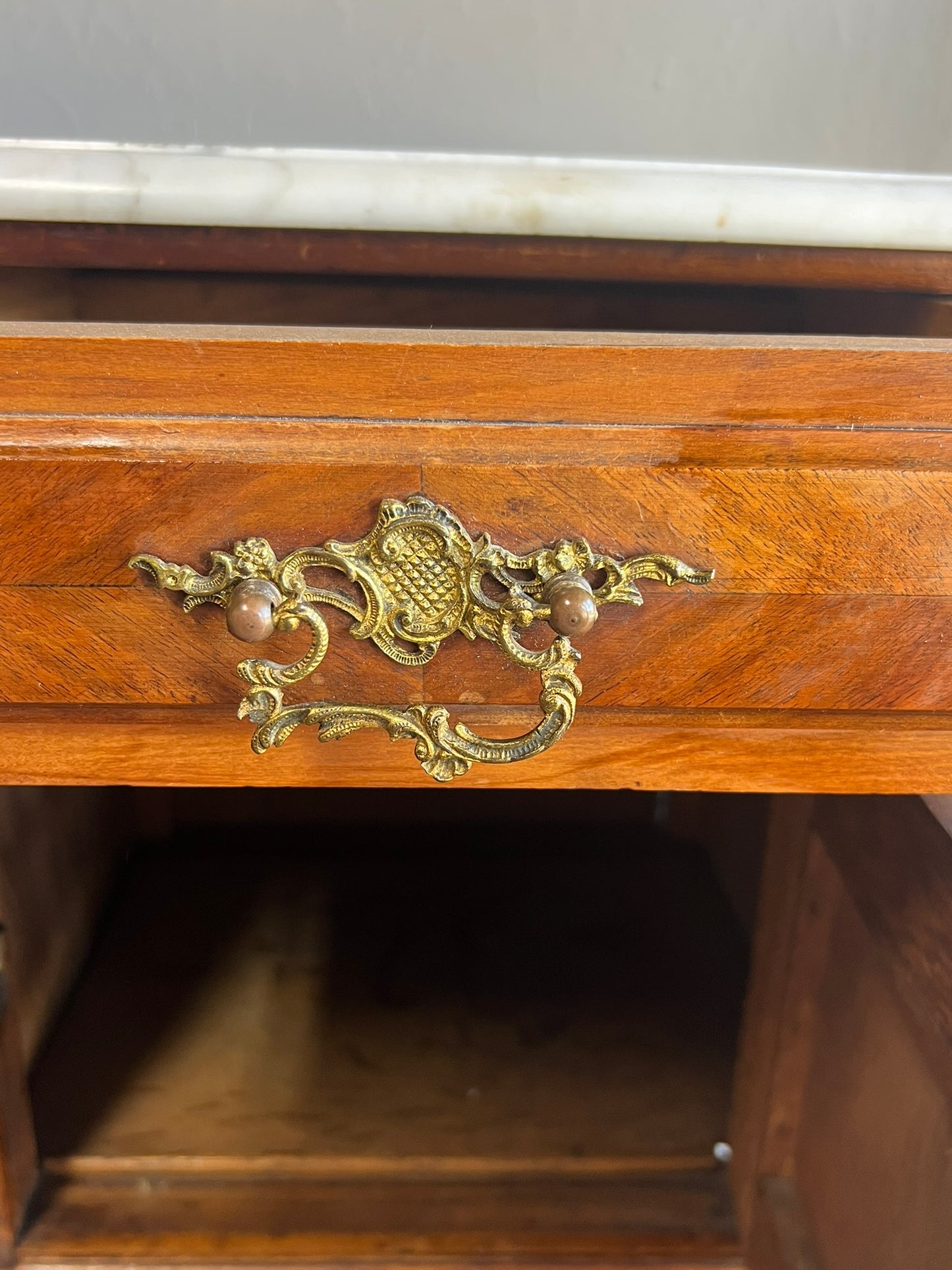 Pair of Antique French Louis XV Walnut Nightstands with White Marble Tops