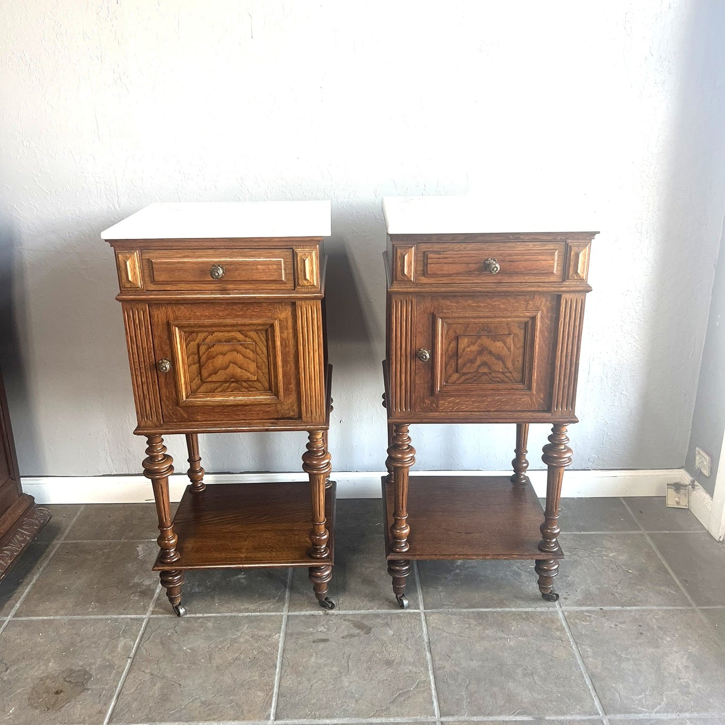 Antique French Oak Nightstands with White Marble Tops – Pair, c.1900