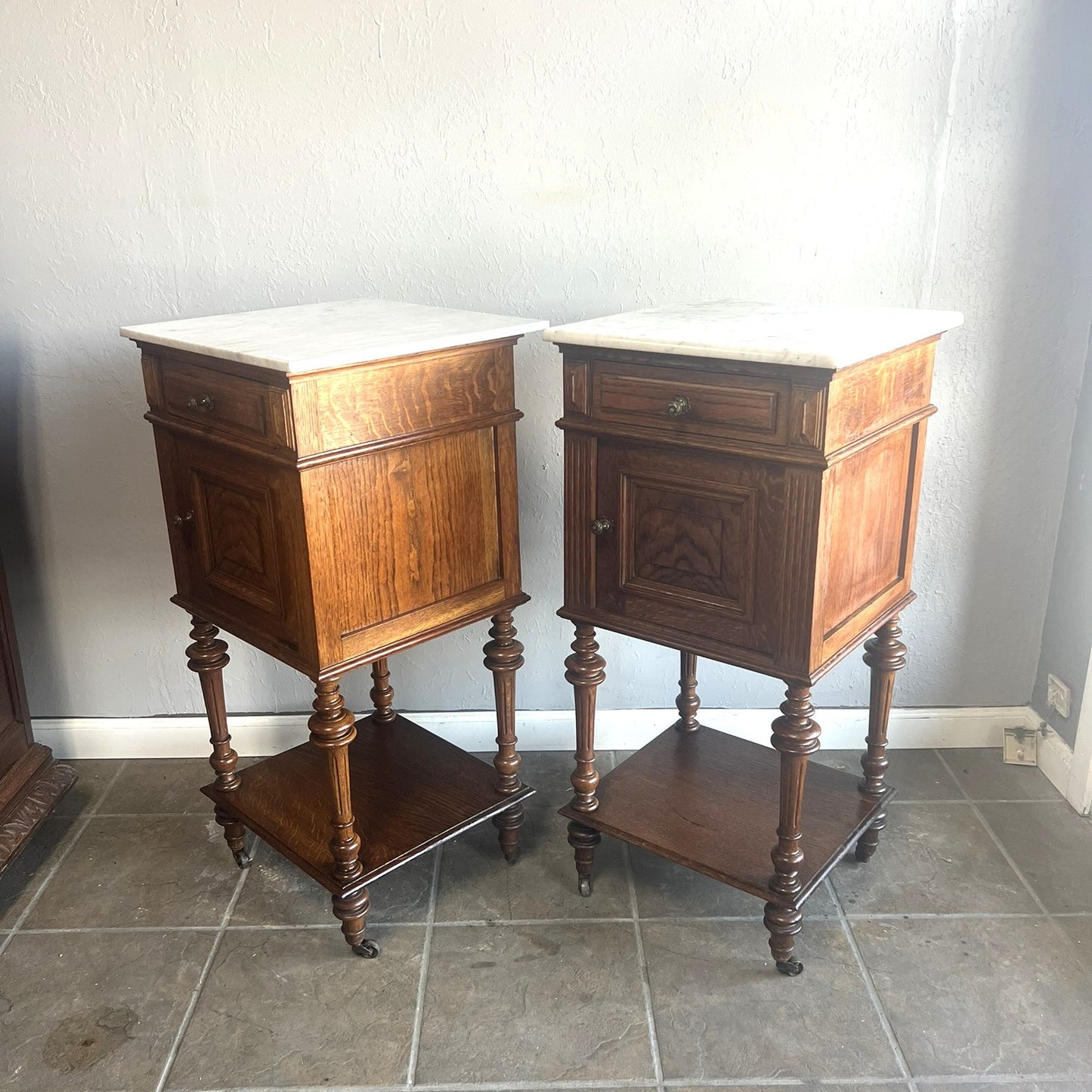 Antique French Oak Nightstands with White Marble Tops – Pair, c.1900