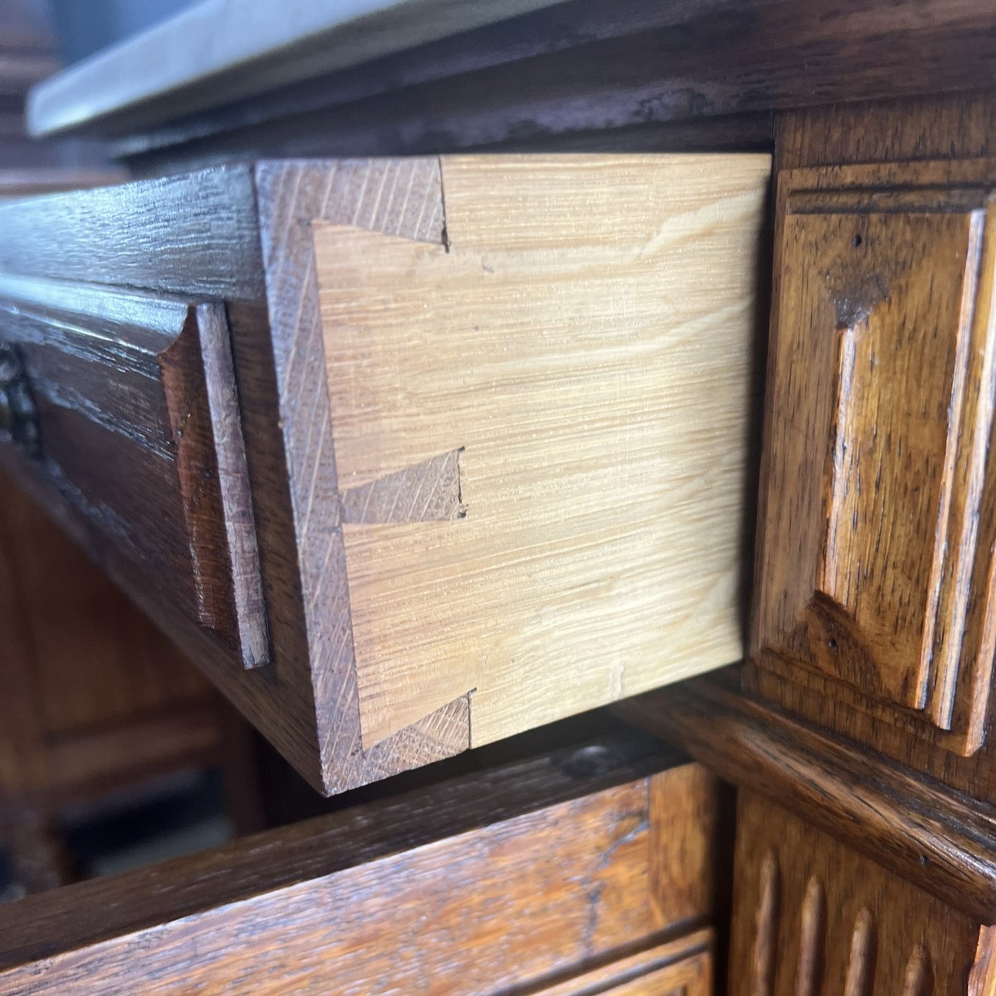 Antique French Oak Nightstands with White Marble Tops – Pair, c.1900