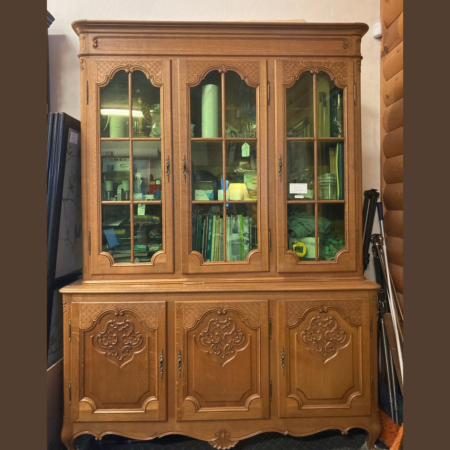 Vintage Belgian Oak Bookcase with Green Glass #652