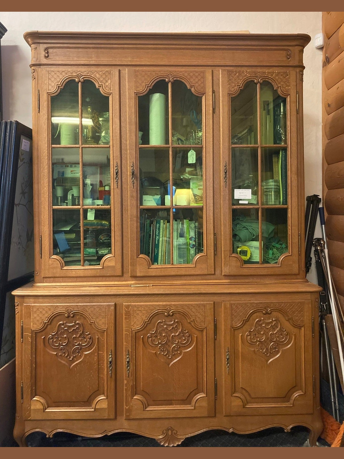 Vintage Belgian Oak Bookcase with Green Glass #652