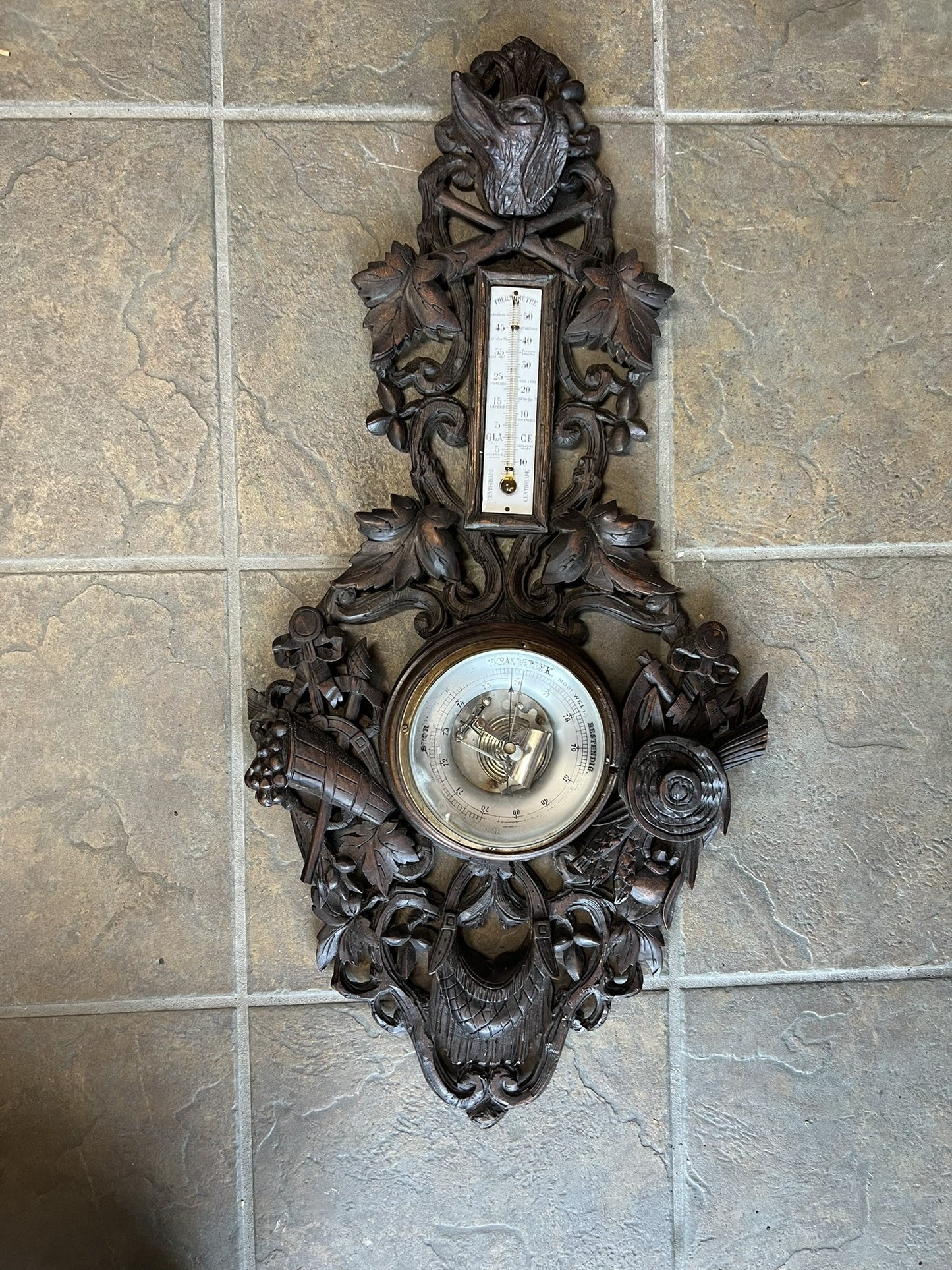 Antique French Normandy Dark Oak Barometer with Dog Head Carving