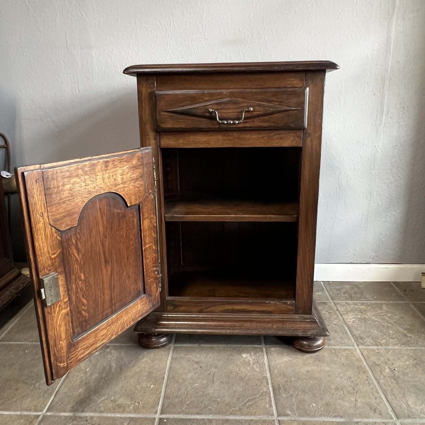 Vintage French Dark Oak Nightstand – Provence Style Bedside Table