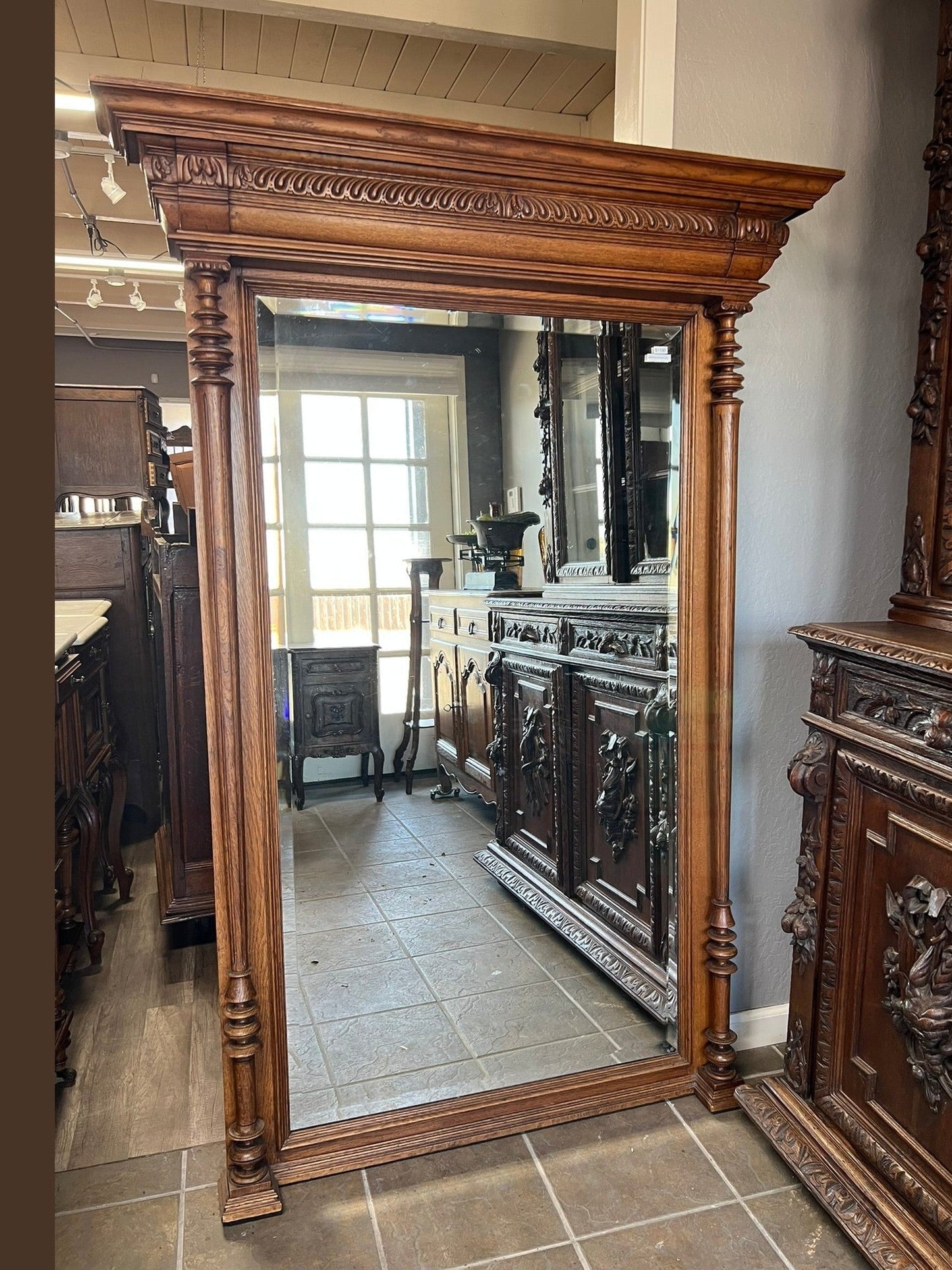 Antique French Henri II Oak Beveled Mirror, Circa 1880–1900