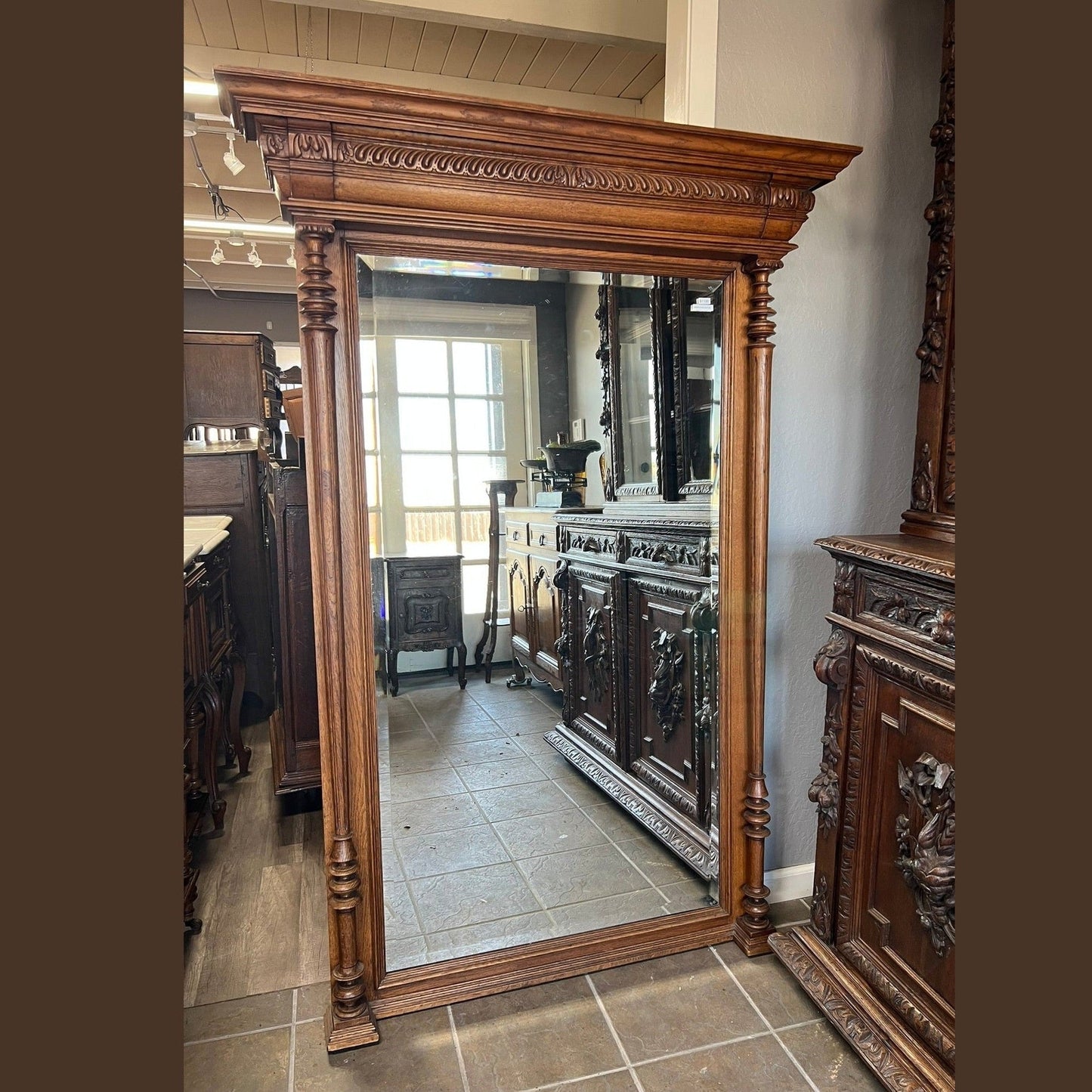 Antique French Henri II Oak Beveled Mirror, Circa 1880–1900