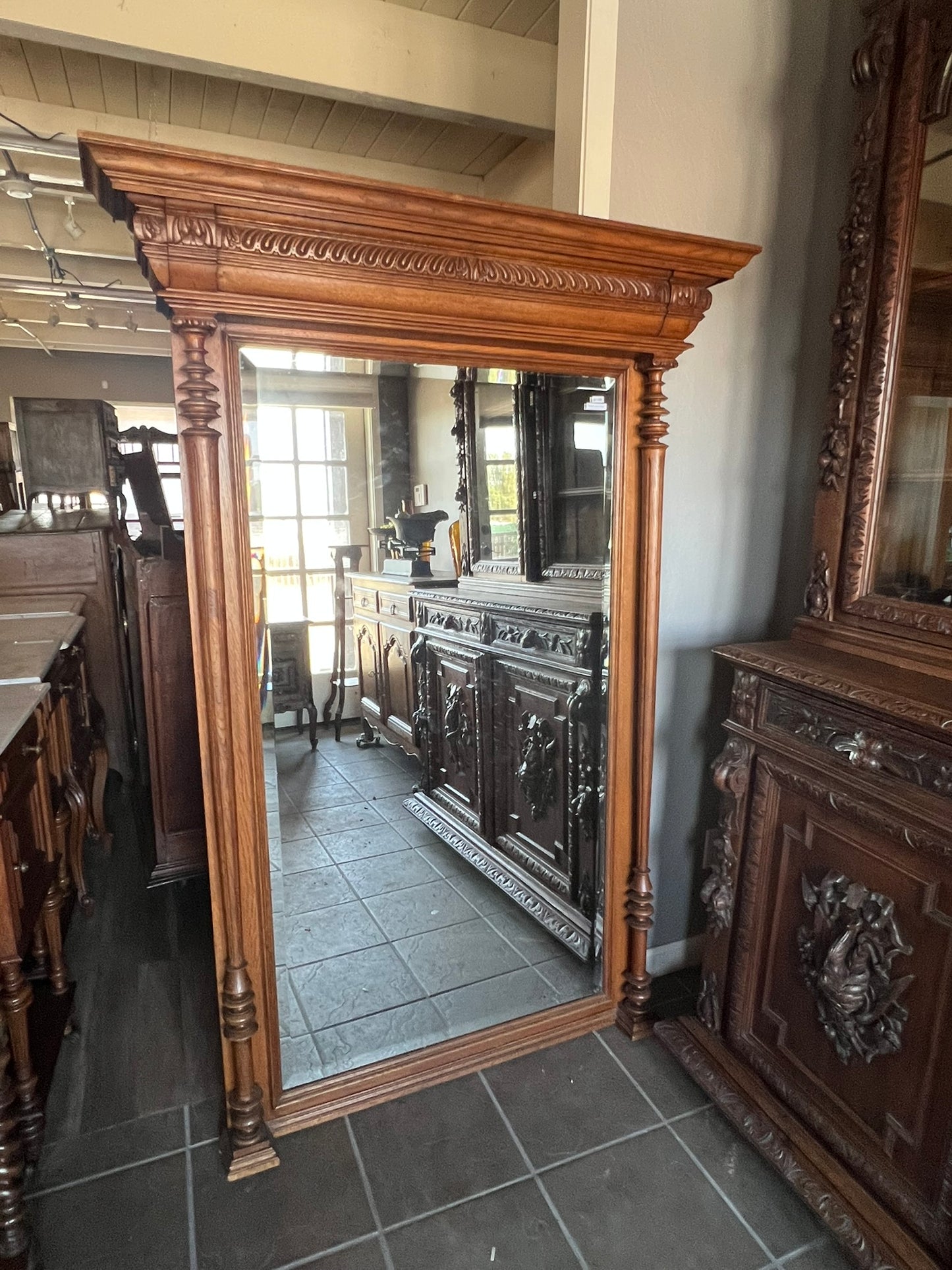 Antique Belgian Oak Beveled Mirror