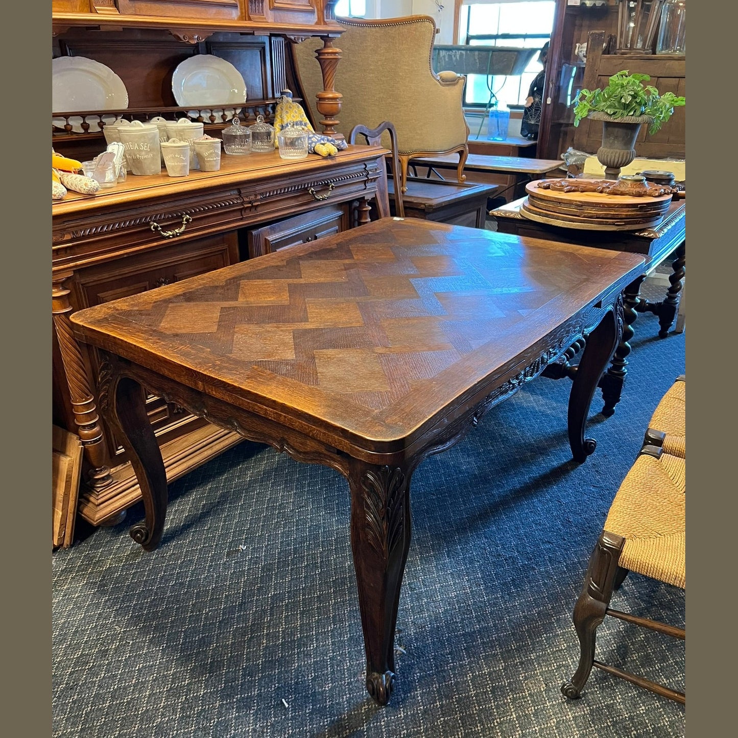French Oak Parquet Dining Table with Pull-Out Leaves & Six Rush Seat Chairs