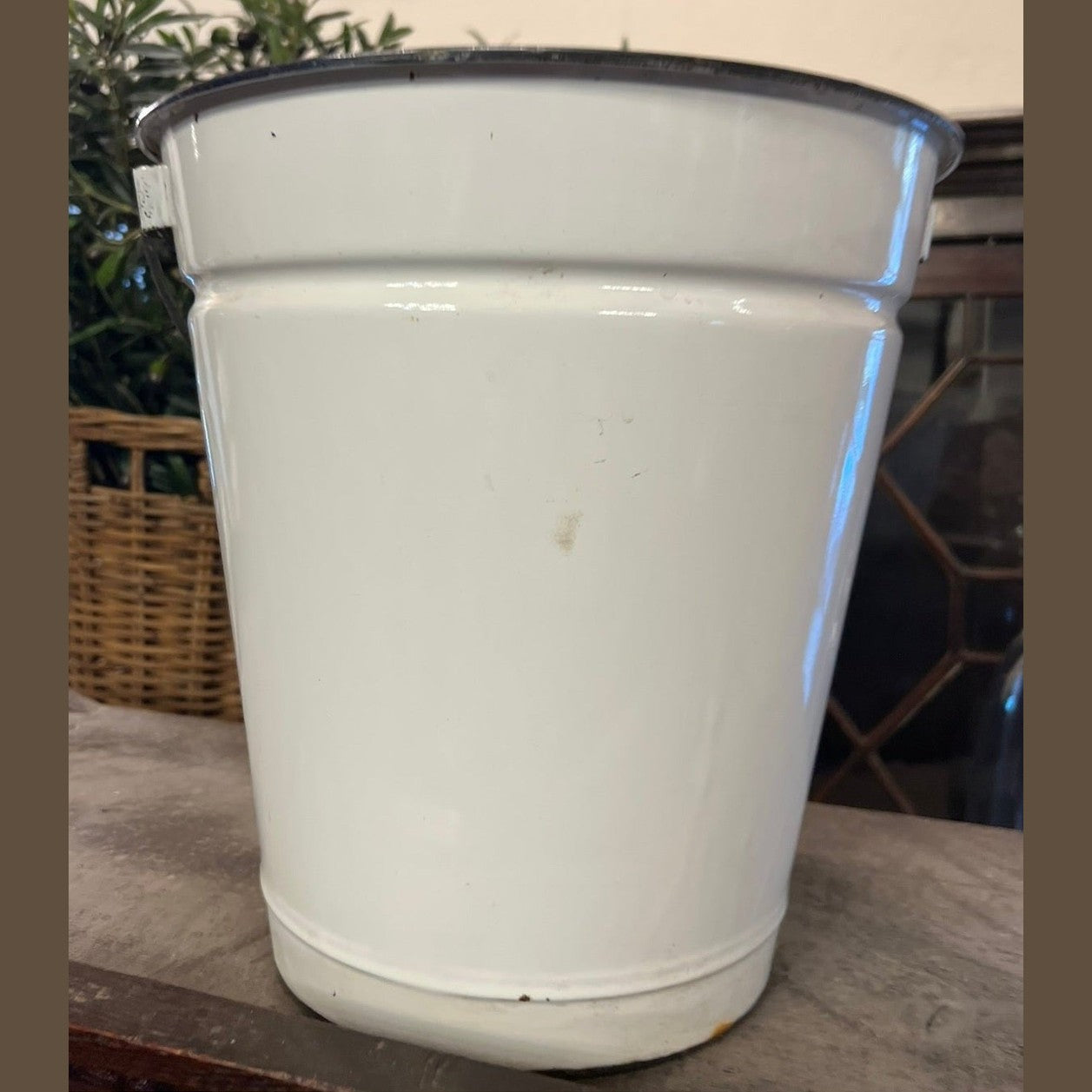 Vintage Hungarian White Enamel Garden Bucket