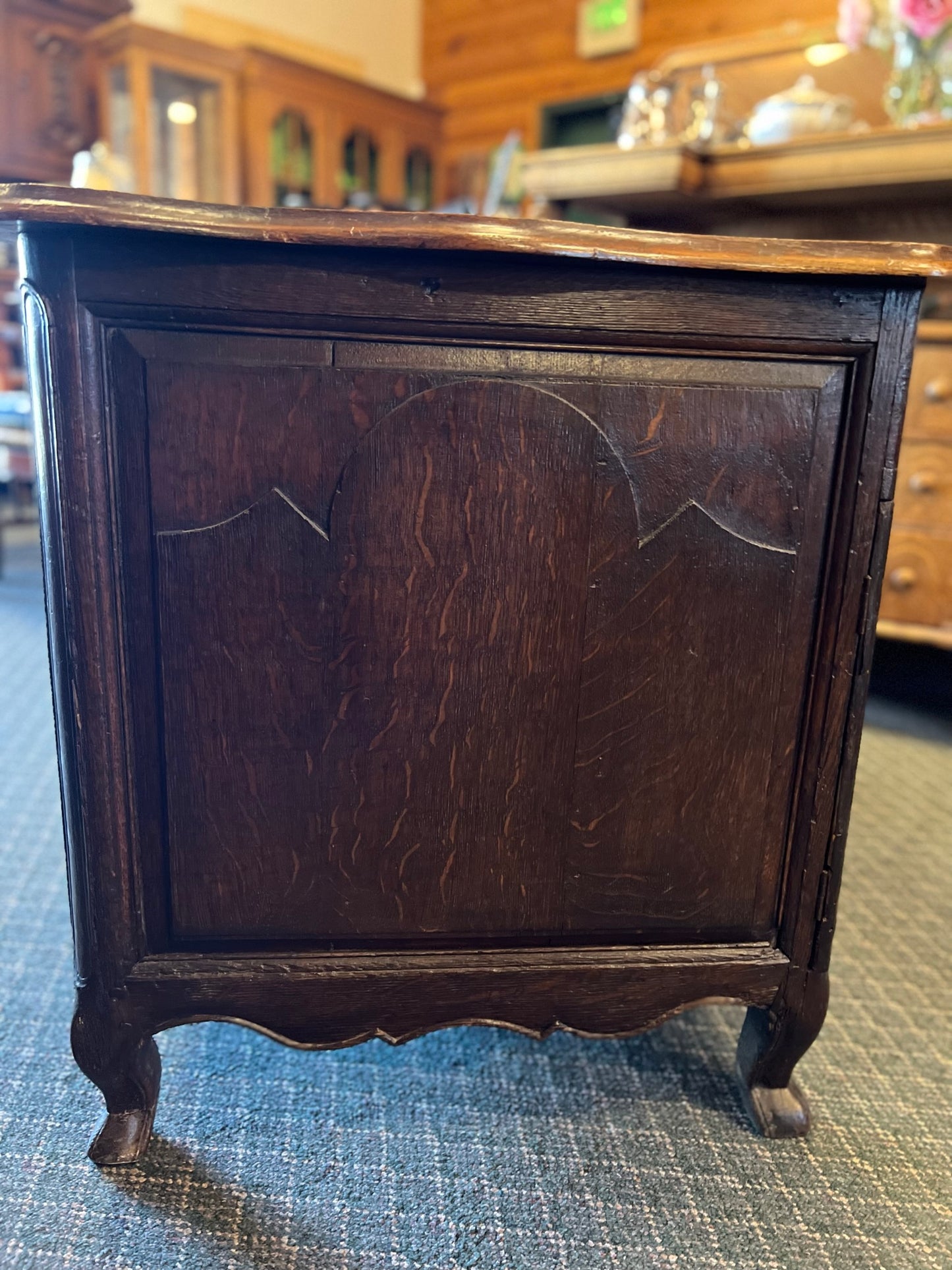 Vintage French Normandy Oak Desk with Carved Detailing and Storage