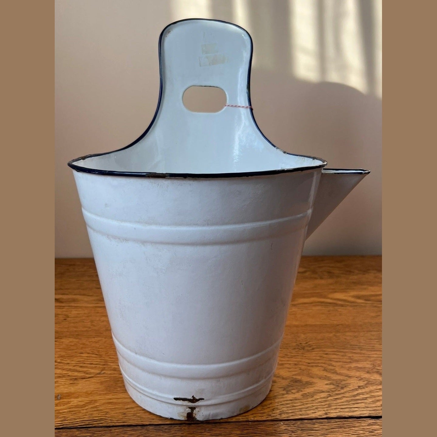 Vintage Hungarian White Enamel Bucket with Pour Spout
