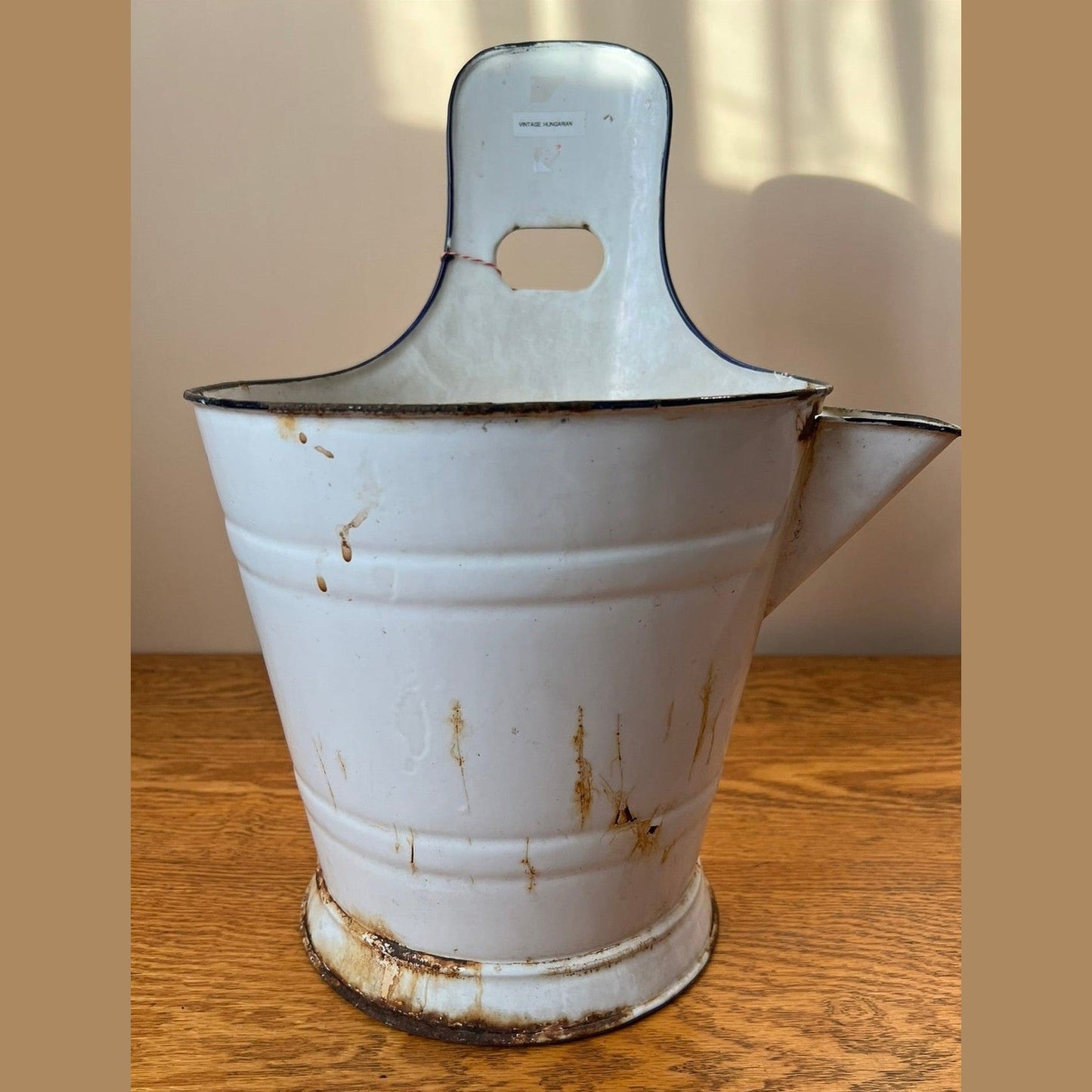 Vintage Hungarian White Enamel Bucket with Pour Spout