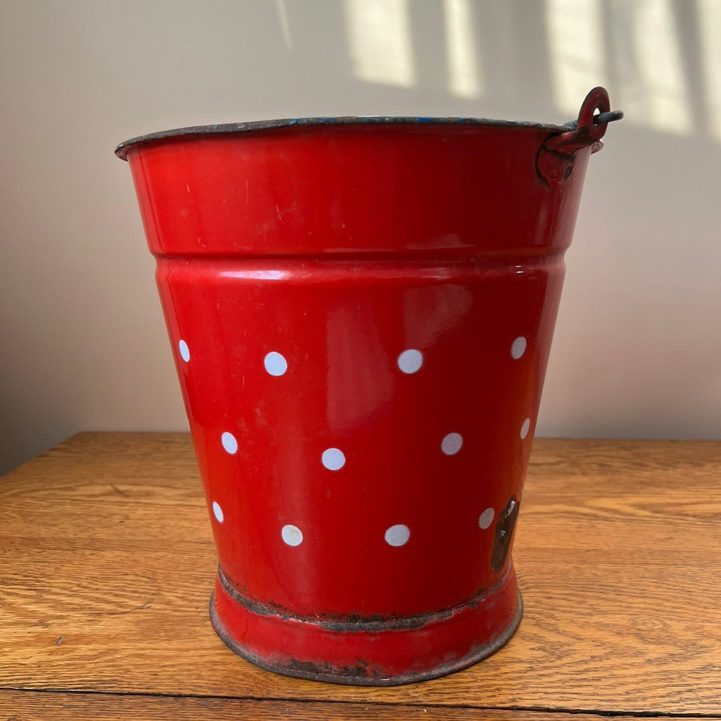 Vintage Red European Enamel Bucket with White Poka Dots