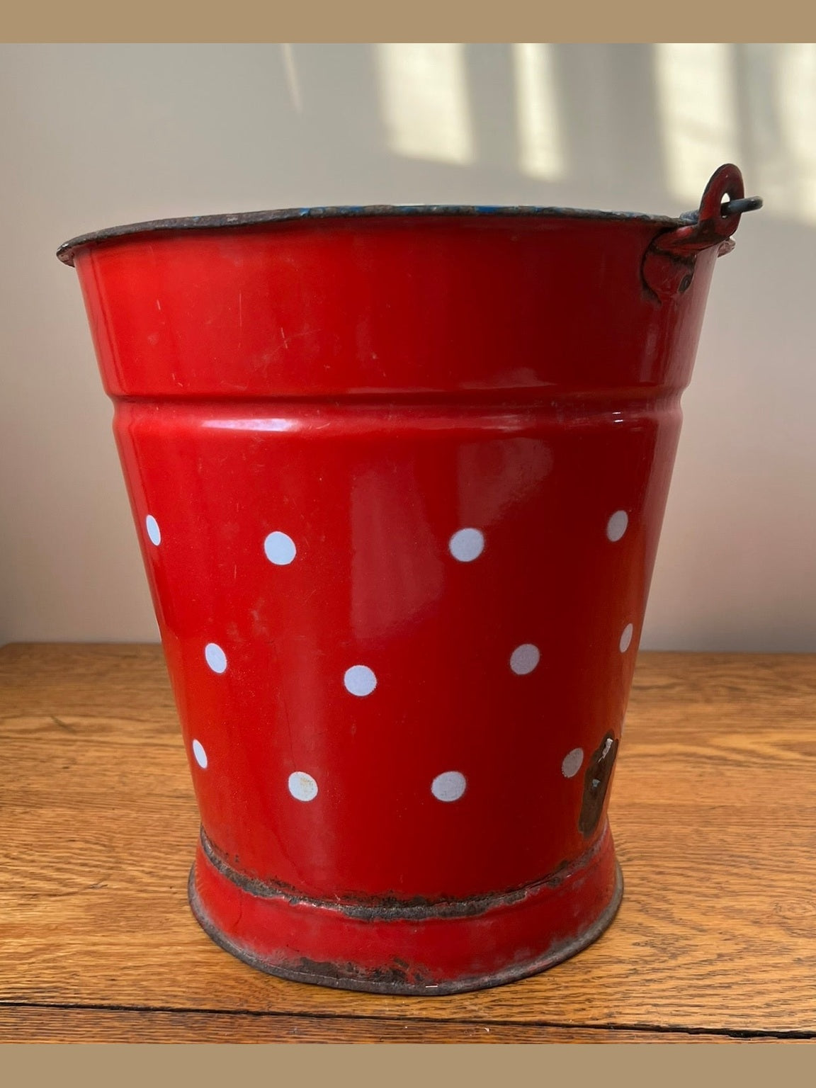 Vintage Red European Enamel Bucket with White Poka Dots
