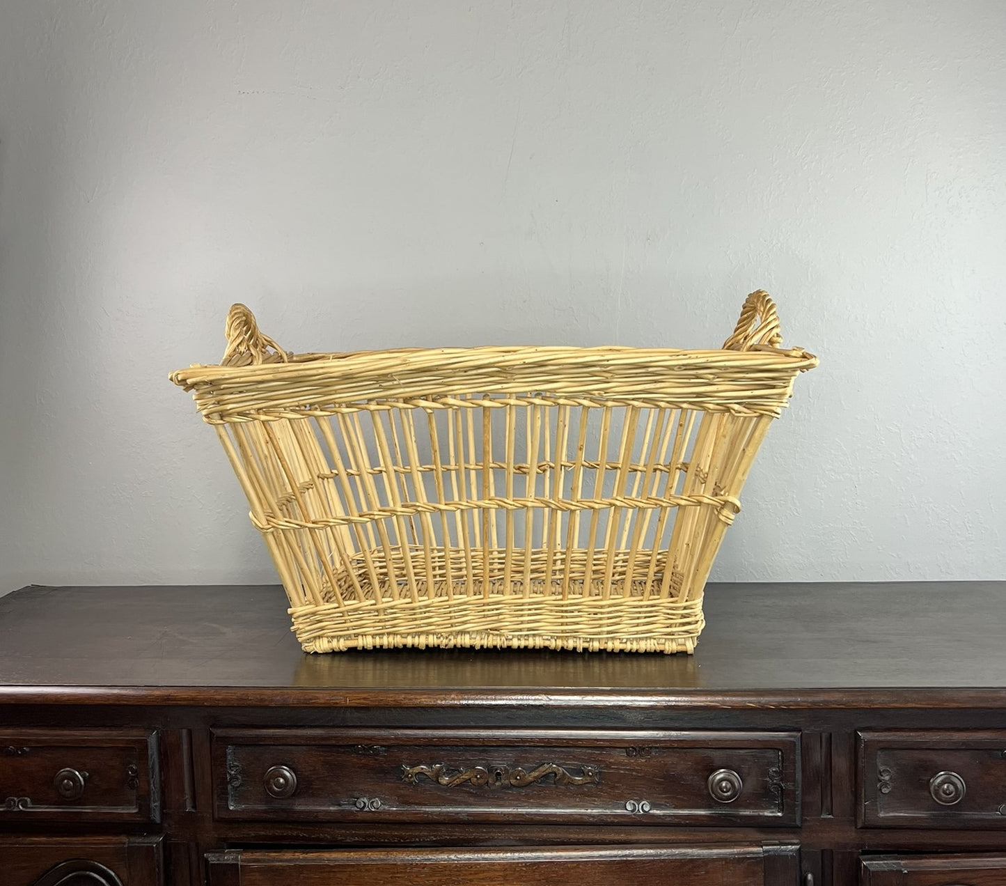Vintage French Wicker Laundry Basket – Handwoven Farmhouse Hamper with Handles #6521