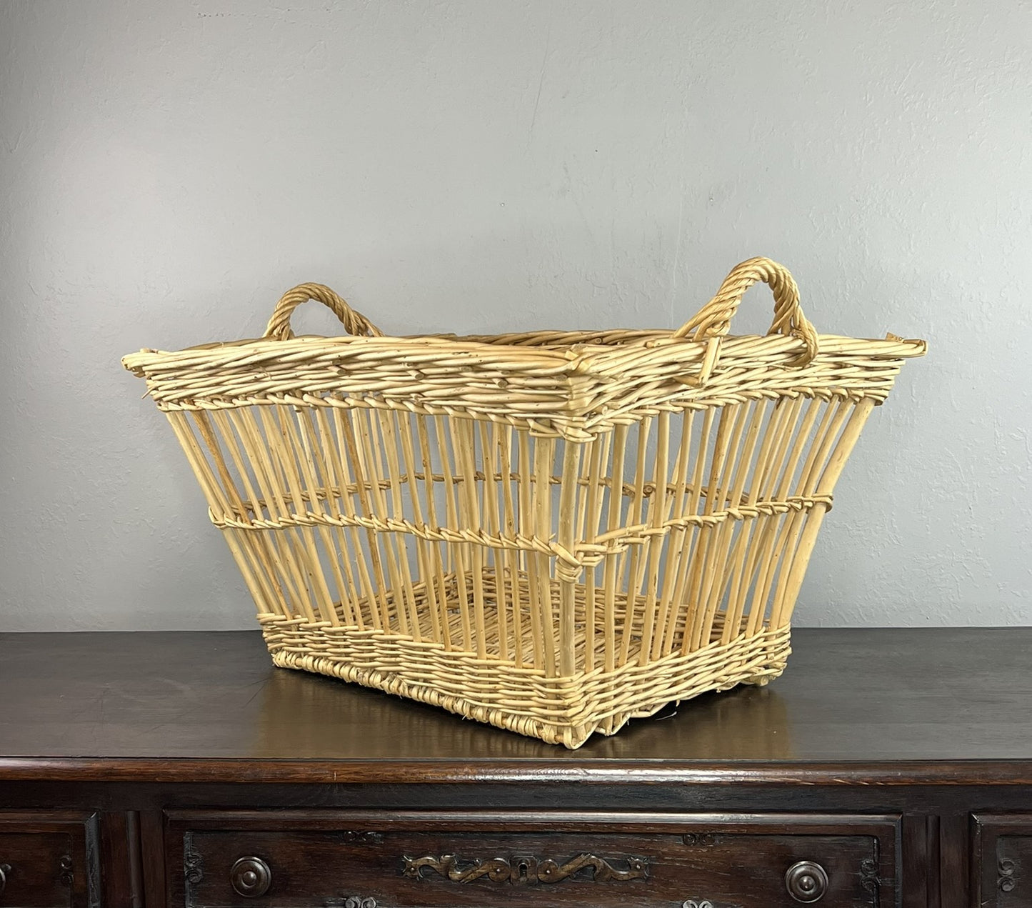 Vintage French Wicker Laundry Basket – Handwoven Farmhouse Hamper with Handles #6521